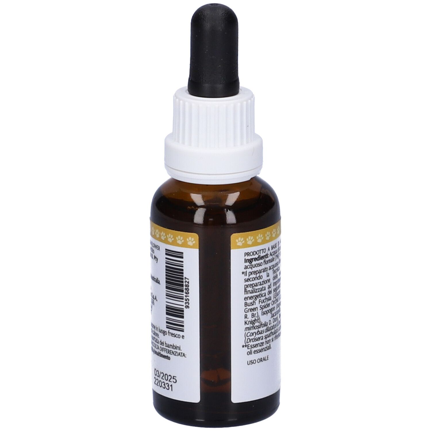 Flacone di vetro marrone con contagocce. Etichetta con testo. Scritta: Training & Education. 30ml. Simbolo di zampe.