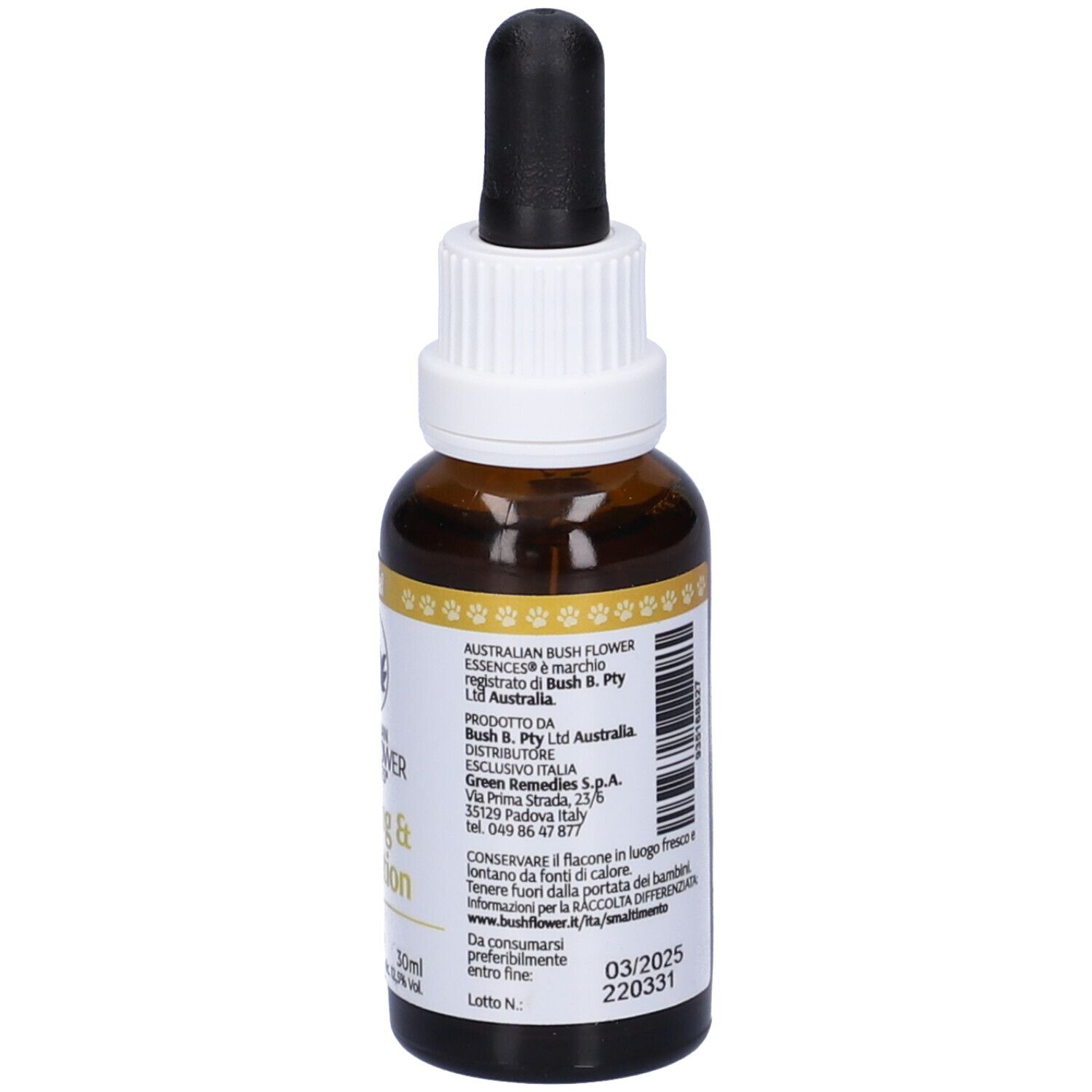 Flacone di vetro marrone con contagocce. Etichetta con testo. Scritta: Training & Education. 30ml. Simbolo di zampe.