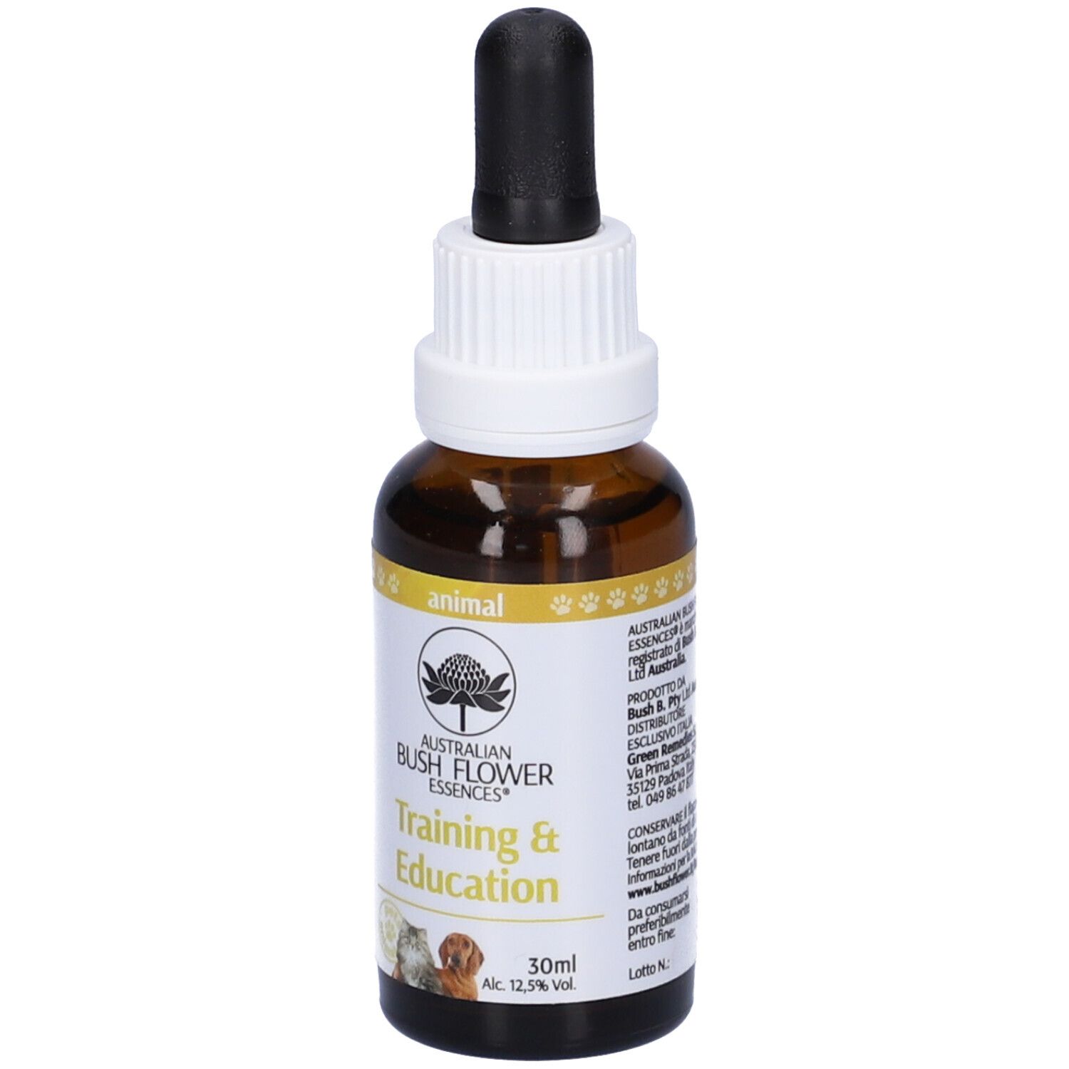 Flacone di vetro marrone con contagocce. Etichetta con testo. Scritta: Training & Education. 30ml. Simbolo di zampe.