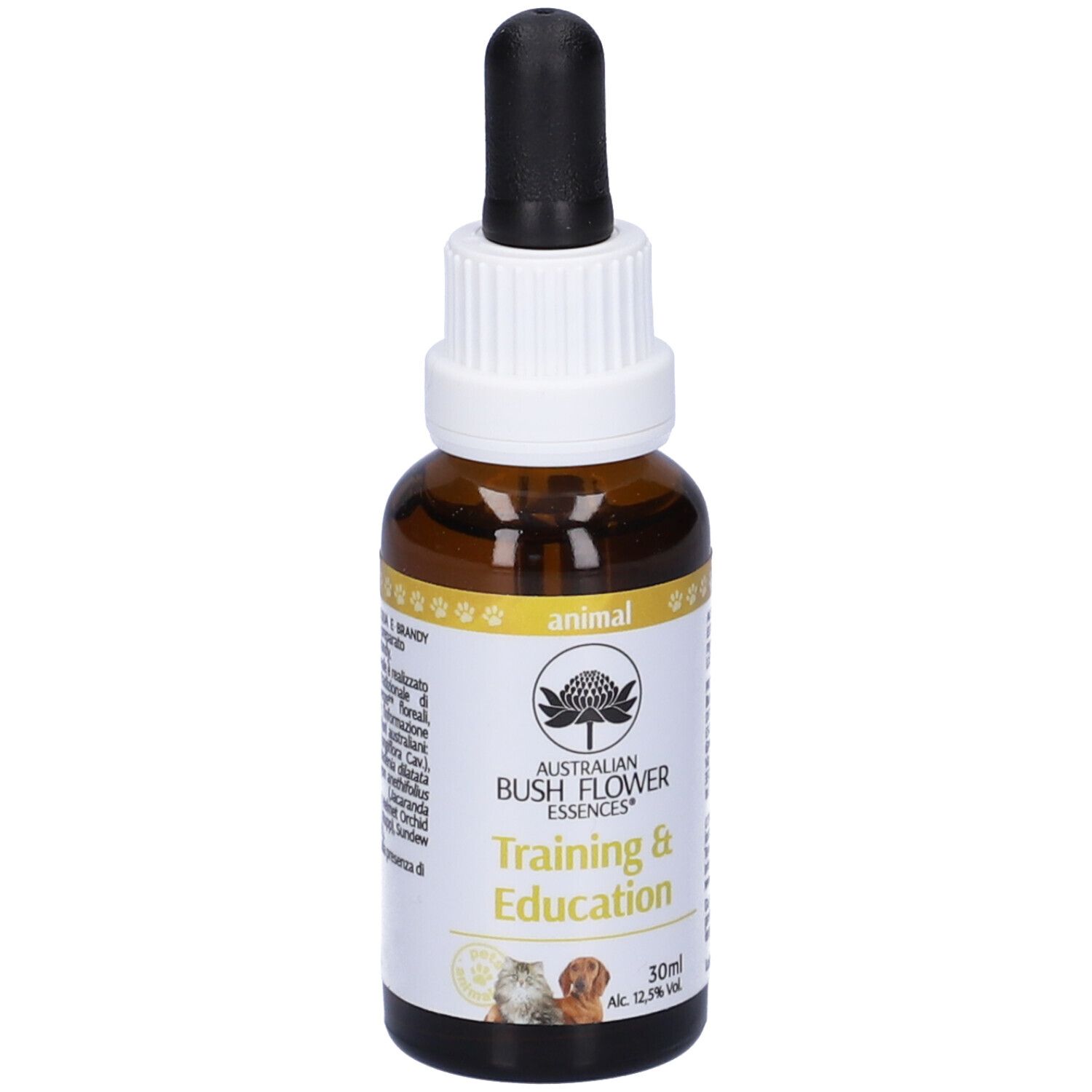 Flacone di vetro marrone con contagocce. Etichetta con testo. Scritta: Training & Education. 30ml. Simbolo di zampe.