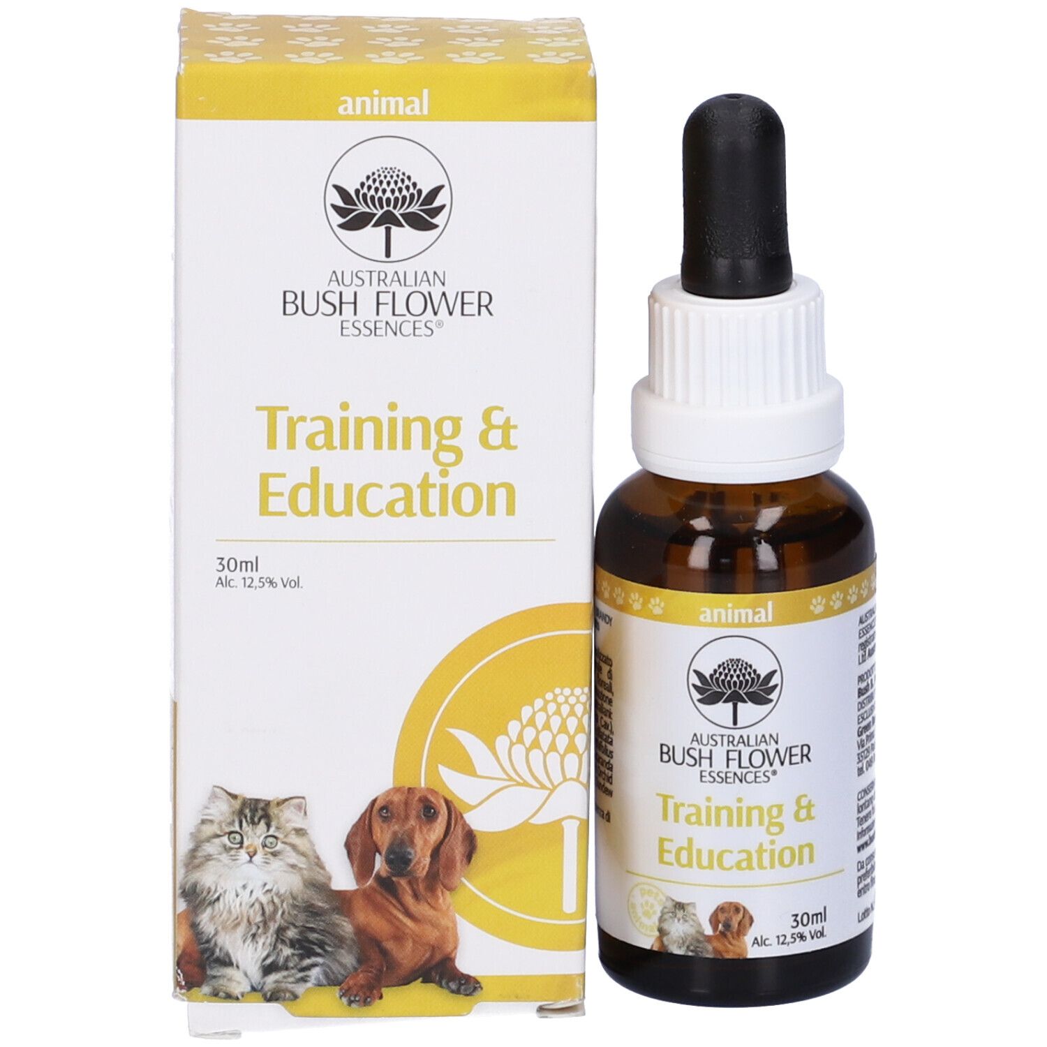Flacone di vetro marrone con contagocce e confezione gialla. Scritta: Training & Education. 30ml. Immagine di gatto e cane.