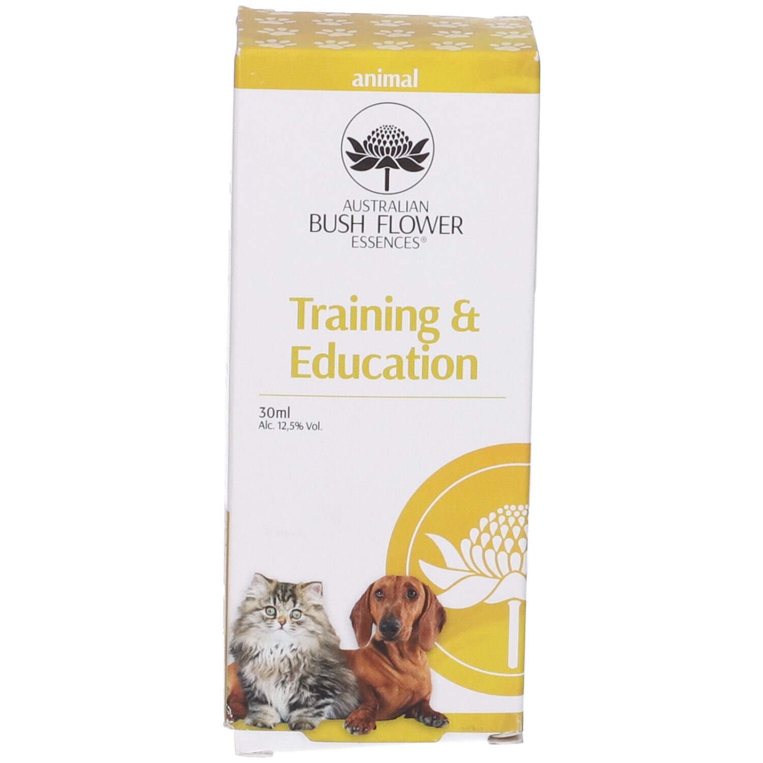 Confezione gialla con scritta: Training & Education. 30ml. Immagine di gatto e cane. Logo.