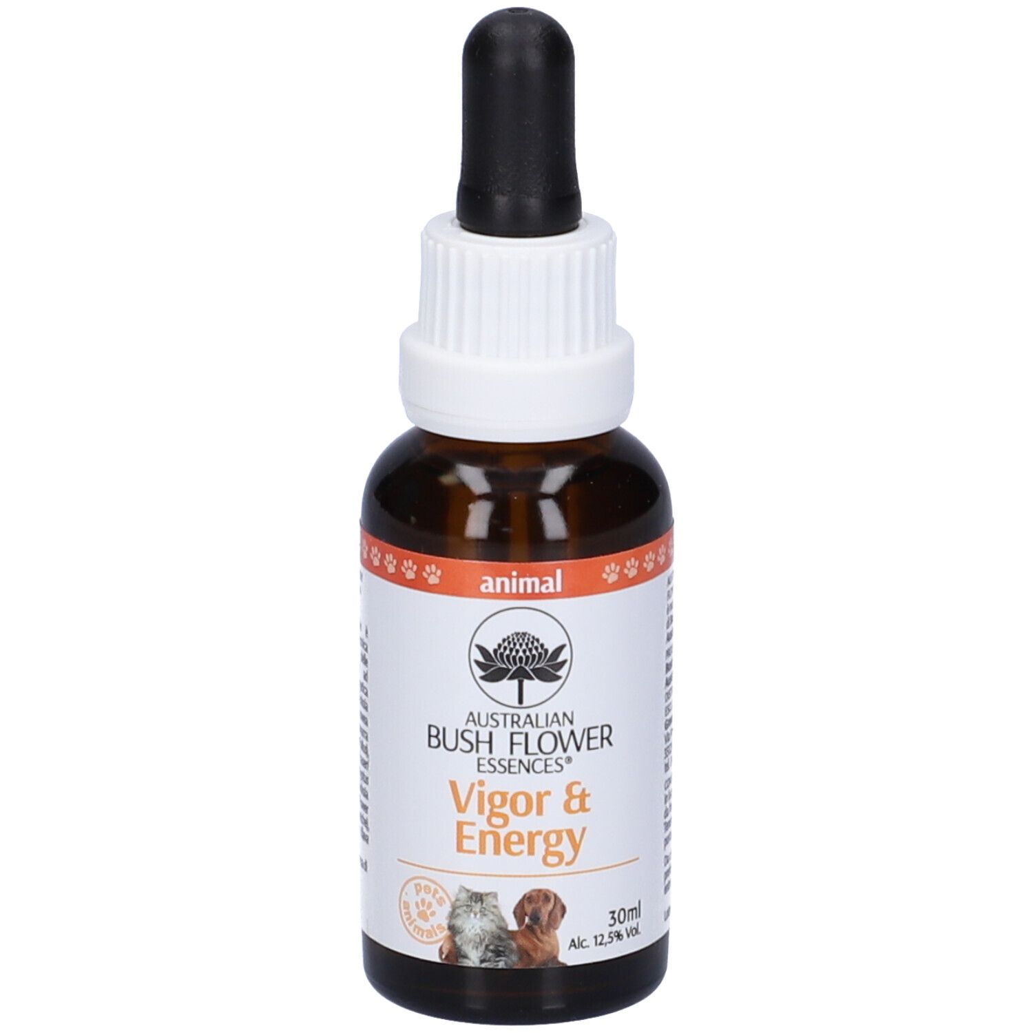 Flacone di vetro marrone con contagocce. Scritta: Vigor & Energy, 30 ml. Logo con fiore e zampe.