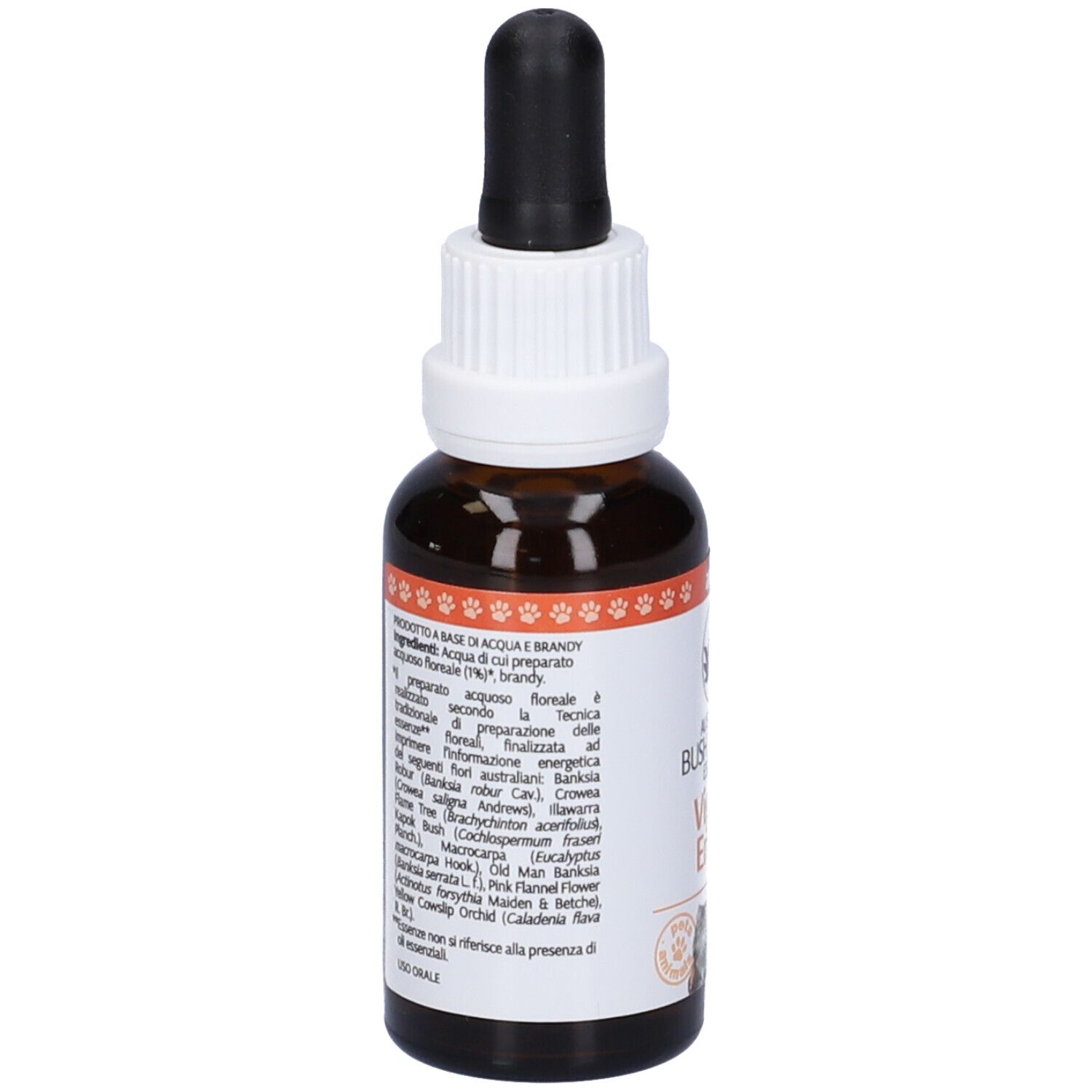 Flacone di vetro marrone con contagocce. Scritta: Vigor & Energy, 30 ml. Retro con testo e zampe.