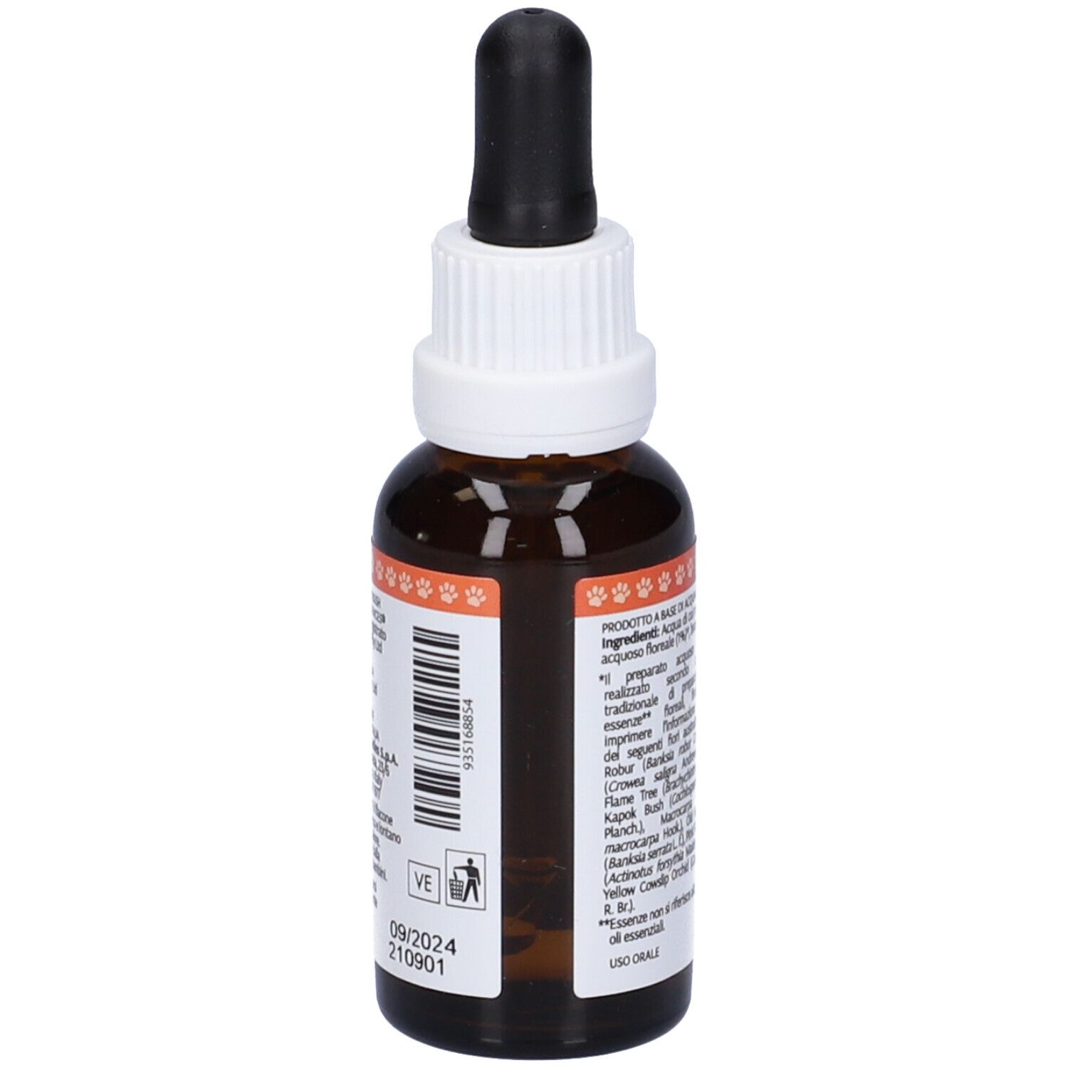Flacone di vetro marrone con contagocce. Scritta: Vigor & Energy, 30 ml. Retro con testo e codice a barre.