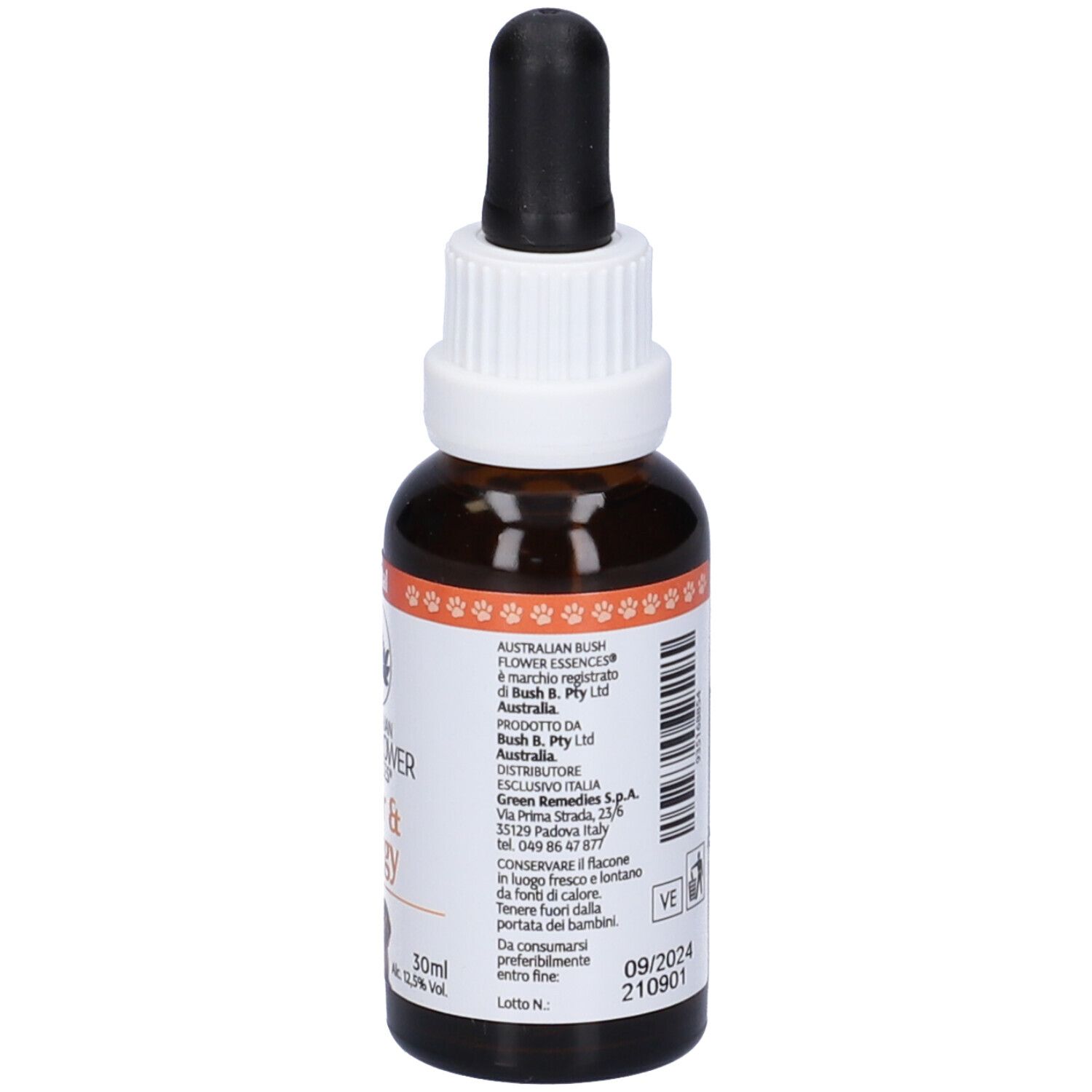 Flacone di vetro marrone con contagocce. Scritta: Vigor & Energy, 30 ml. Retro con testo e data di scadenza.