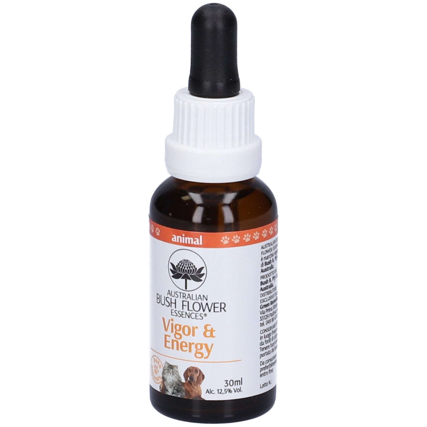 Flacone di vetro marrone con contagocce. Scritta: Vigor & Energy, 30 ml. Retro con testo.