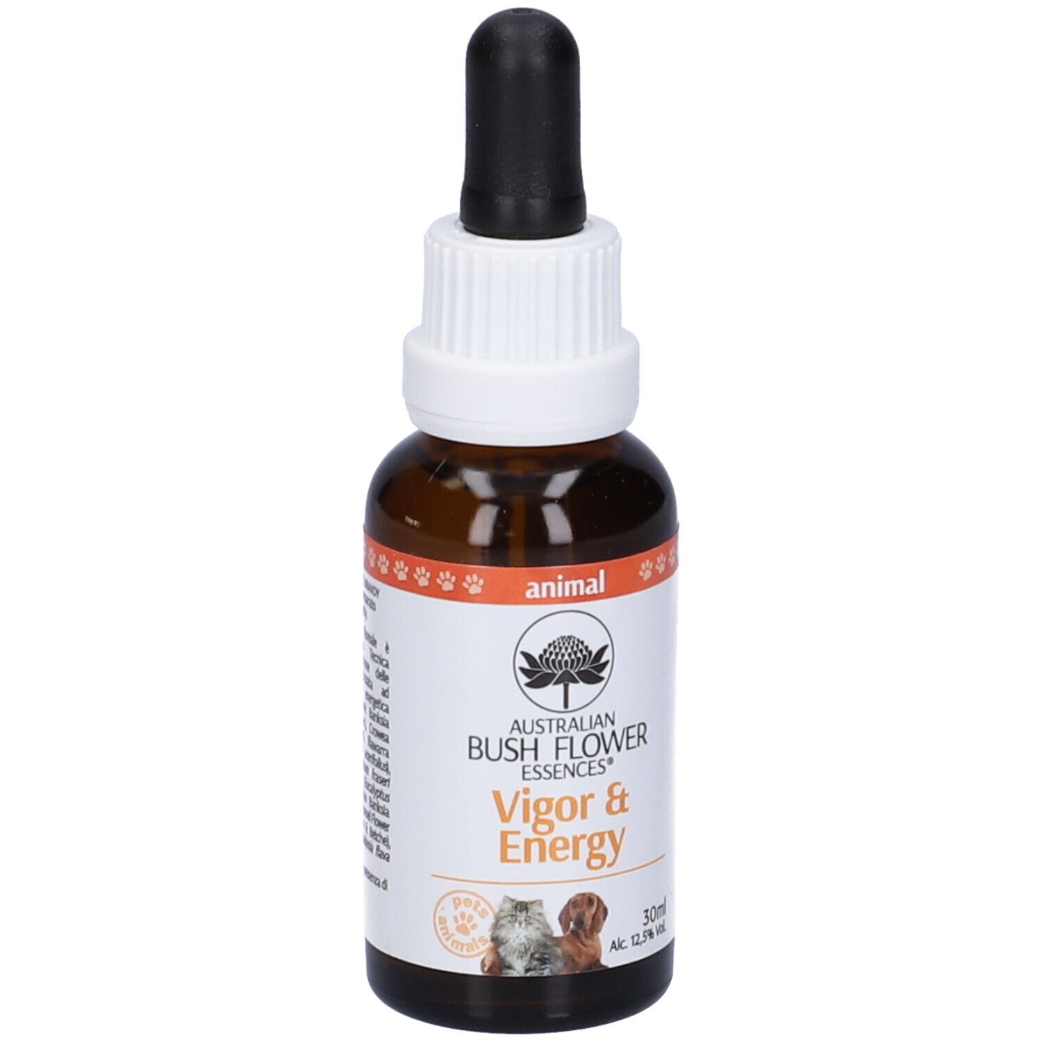 Flacone di vetro marrone con contagocce. Scritta: Vigor & Energy, 30 ml. Retro con testo.