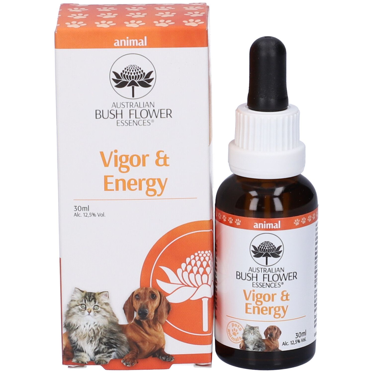 Flacone di vetro marrone con contagocce e confezione. Scritta: Vigor & Energy, 30 ml. Immagine di gatto e cane.