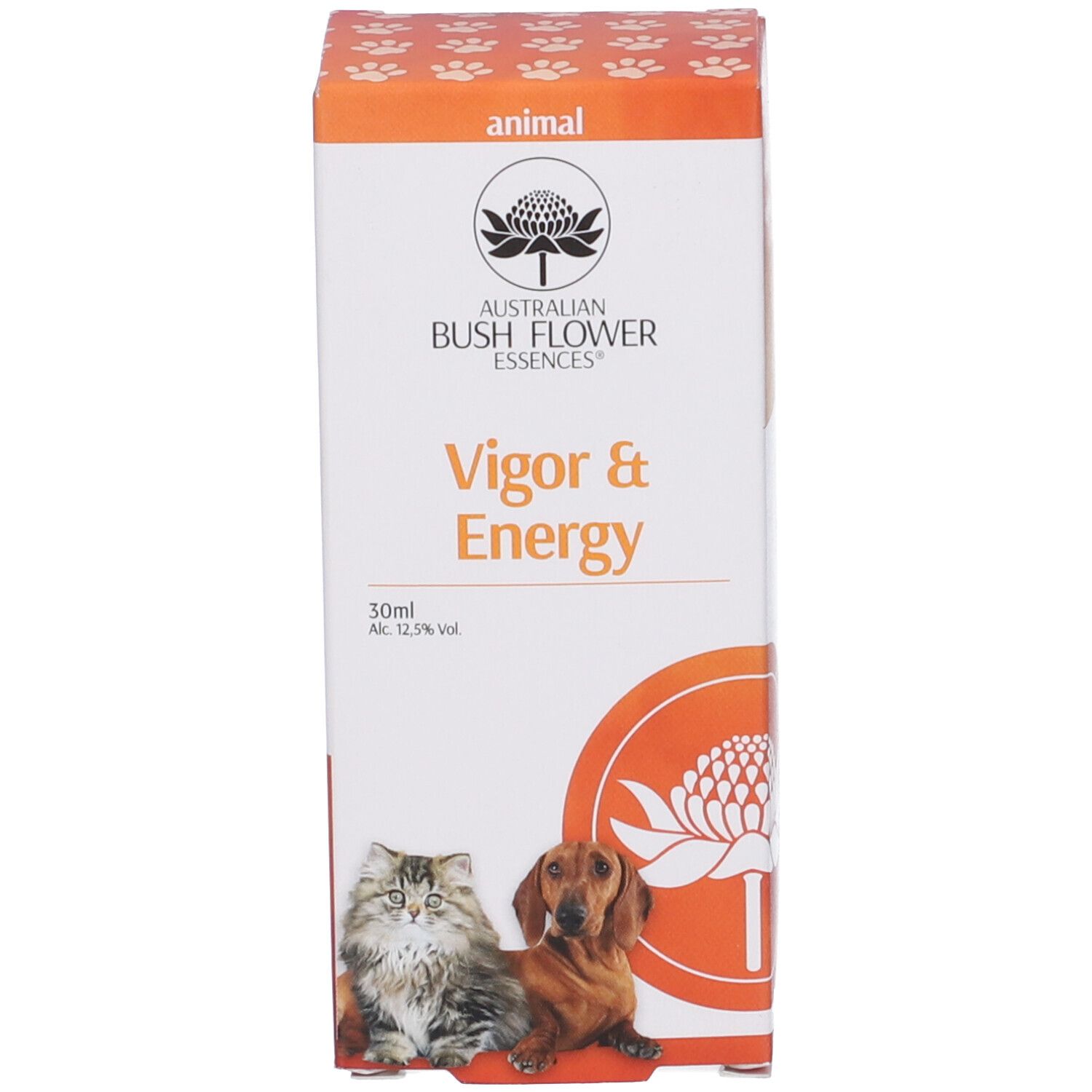 Confezione con scritta: Vigor & Energy, 30 ml. Immagine di gatto e cane.