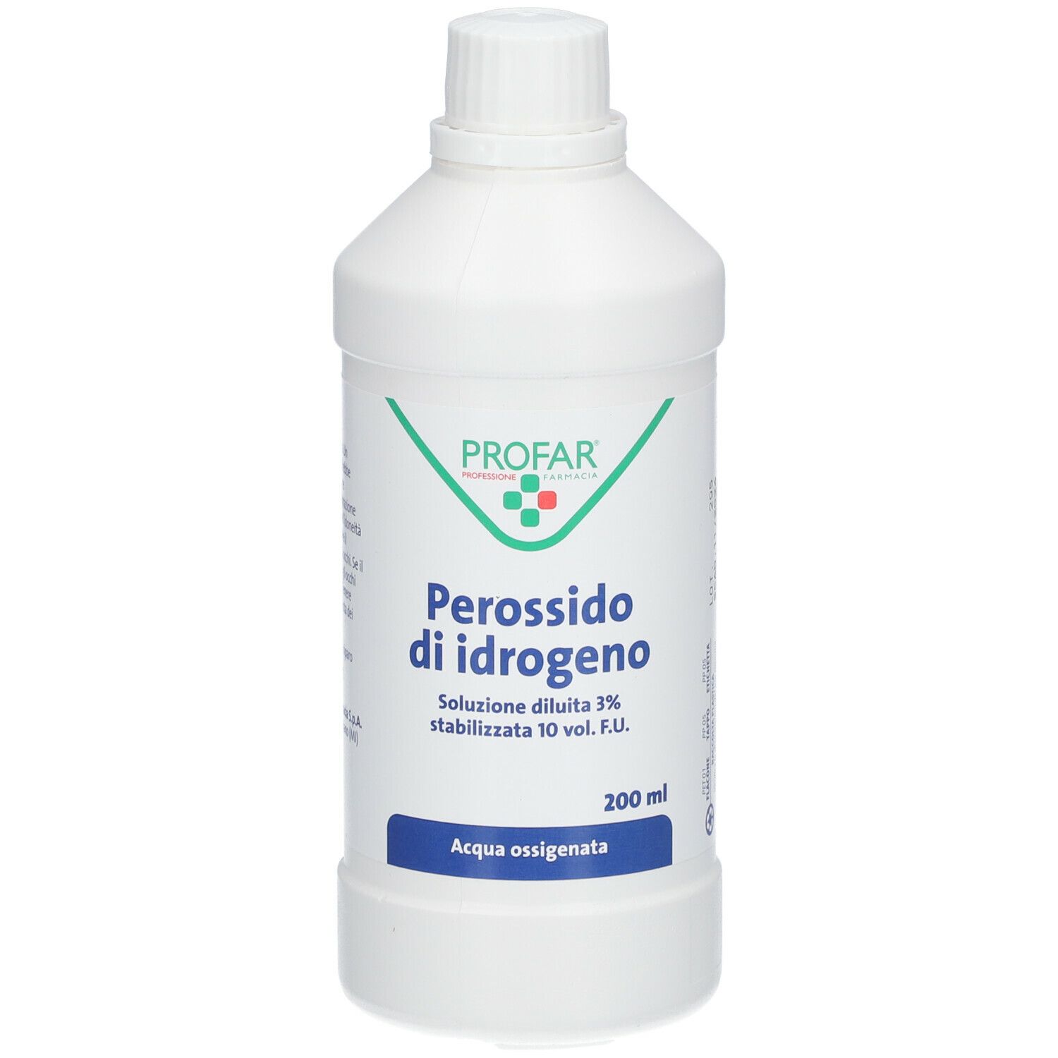 Flacone bianco con logo verde e rosso. Scritta: PROFAR, Perossido di idrogeno, 200 ml, Acqua ossigenata.