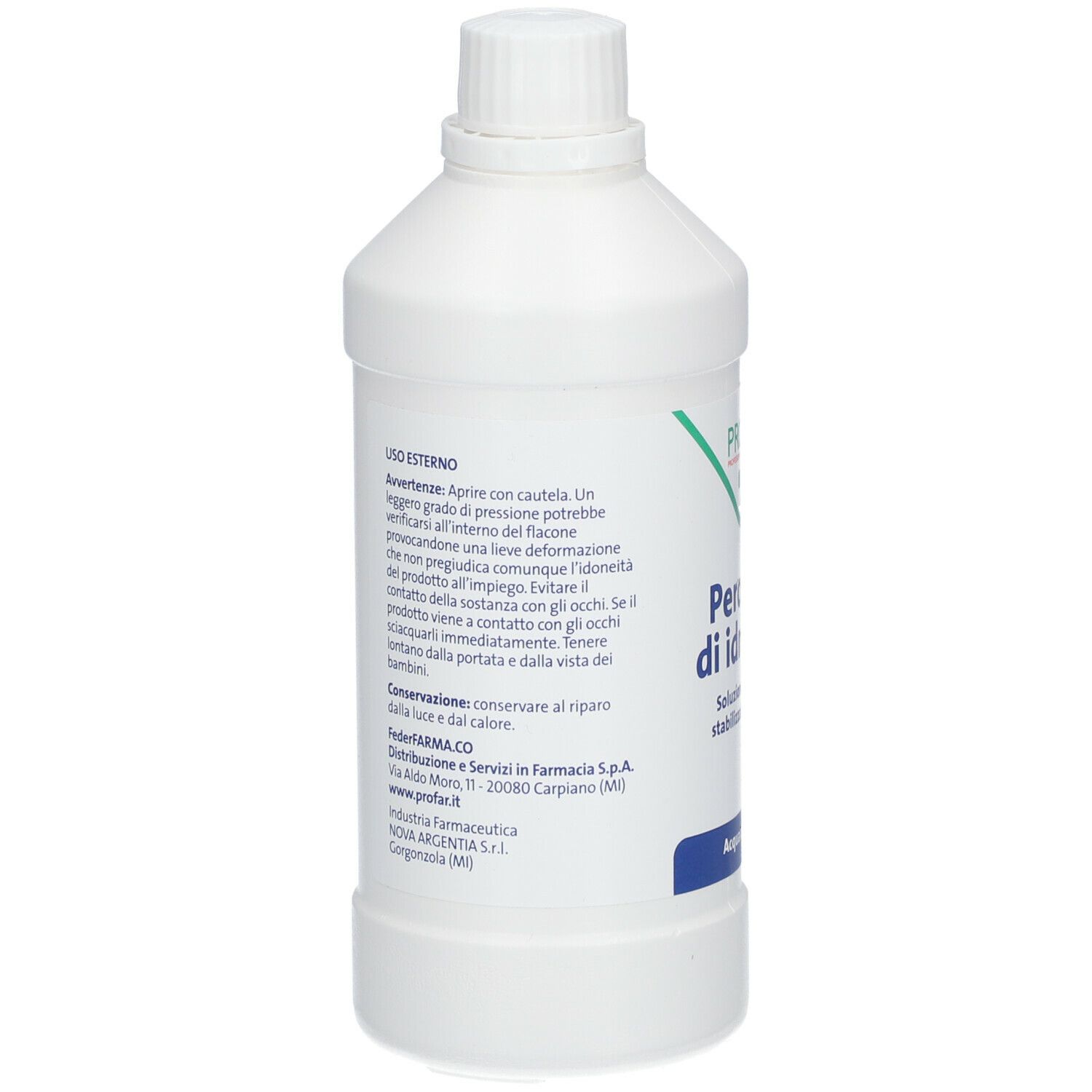 Flacone bianco con testo sul retro. Contiene informazioni sull'uso e la conservazione. Informazioni del produttore.