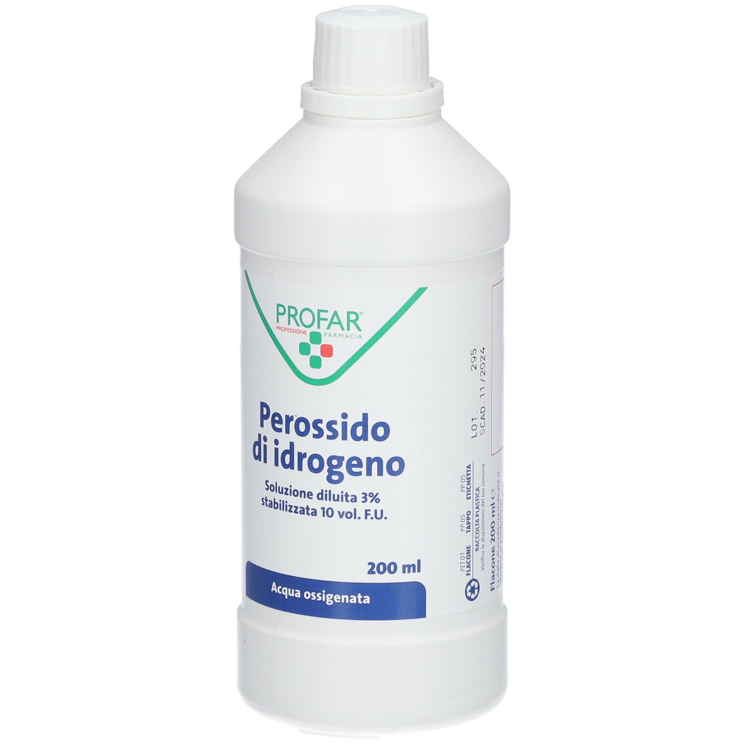 Flacone bianco con logo verde e rosso. Scritta: PROFAR, Perossido di idrogeno, 200 ml, Acqua ossigenata. Con lotto e scadenza.
