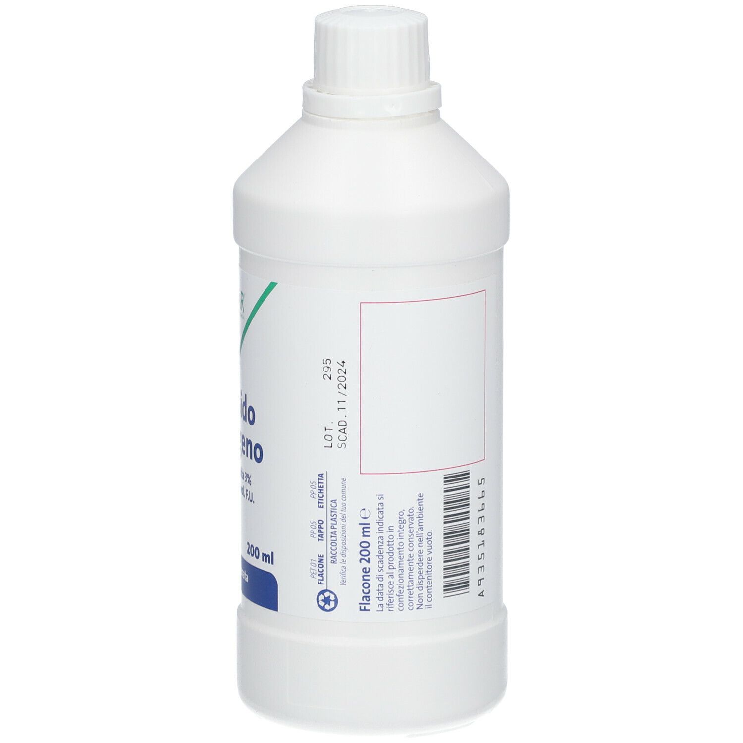 Flacone bianco con testo, lotto e scadenza. Scritta: PROFAR, Perossido di idrogeno, 200 ml.