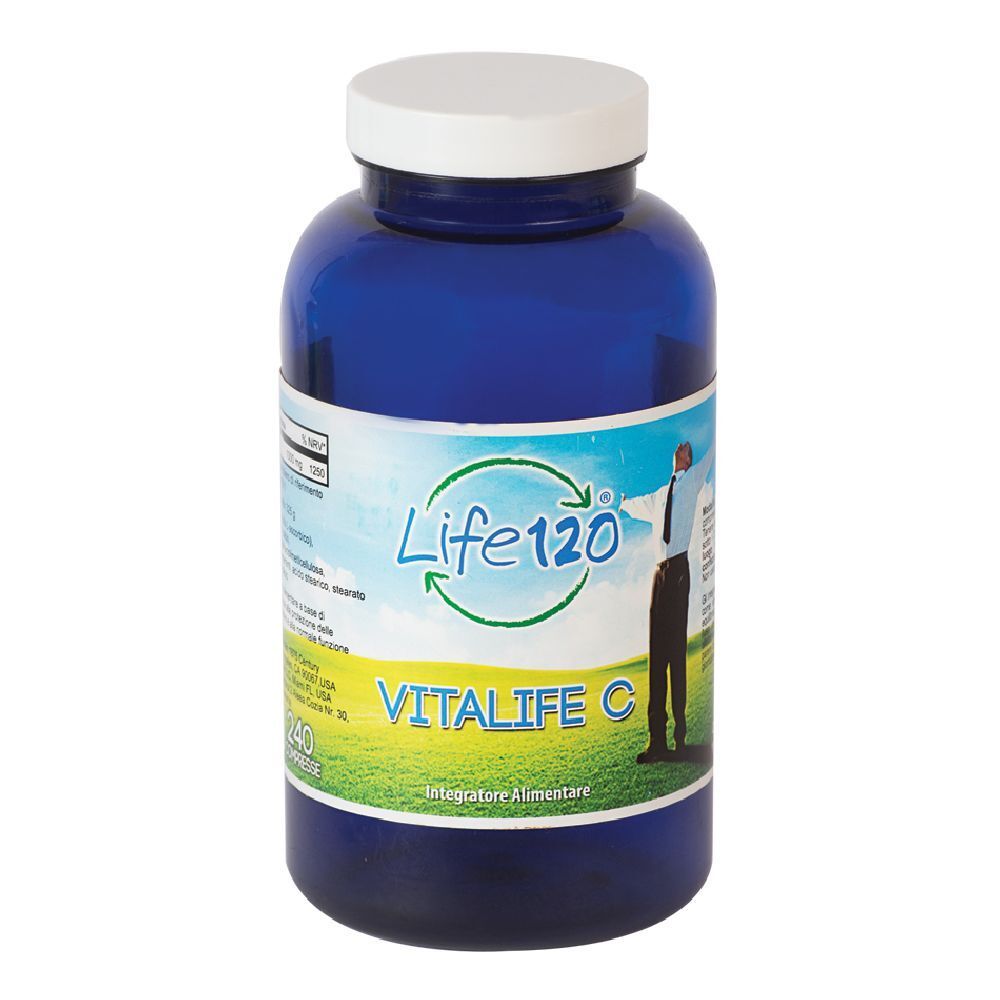 Flacone blu con tappo bianco. Scritta: Life 120 Vitalife C. Integratore alimentare.