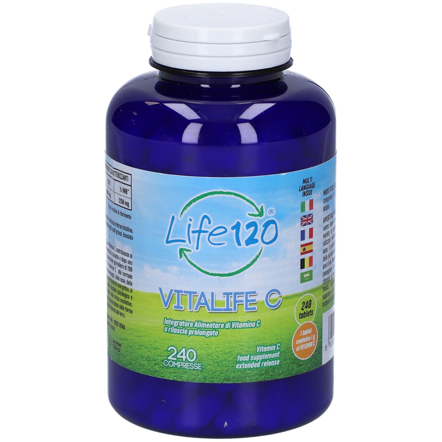 Flacone blu con tappo bianco. Scritta: Life 120 Vitalife C, 240 compresse. Indicazioni multilingue.