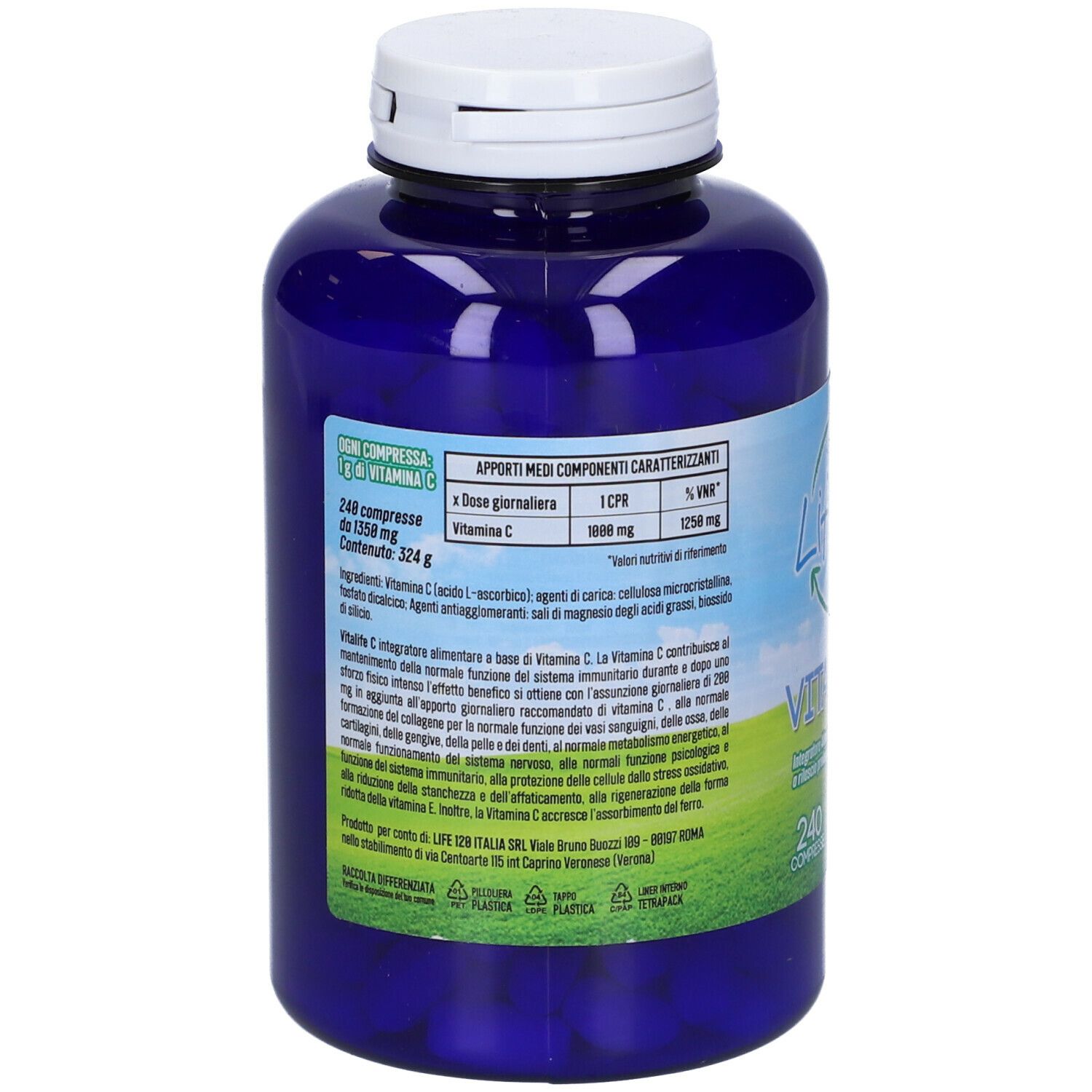 Flacone blu con tappo bianco. Retro con informazioni nutrizionali e ingredienti. 240 compresse.