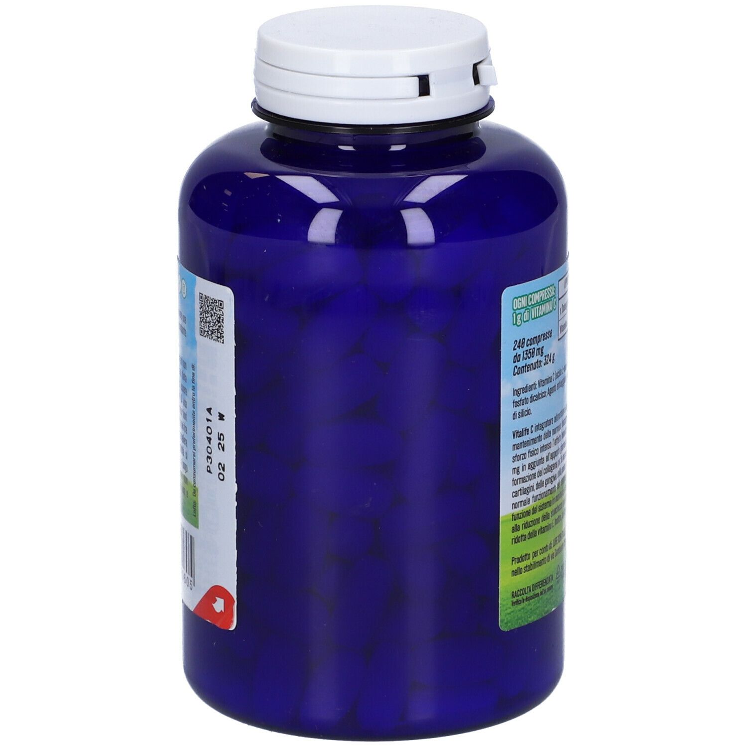 Flacone blu con tappo bianco. Vista laterale con codice QR e numero di lotto. 240 compresse.