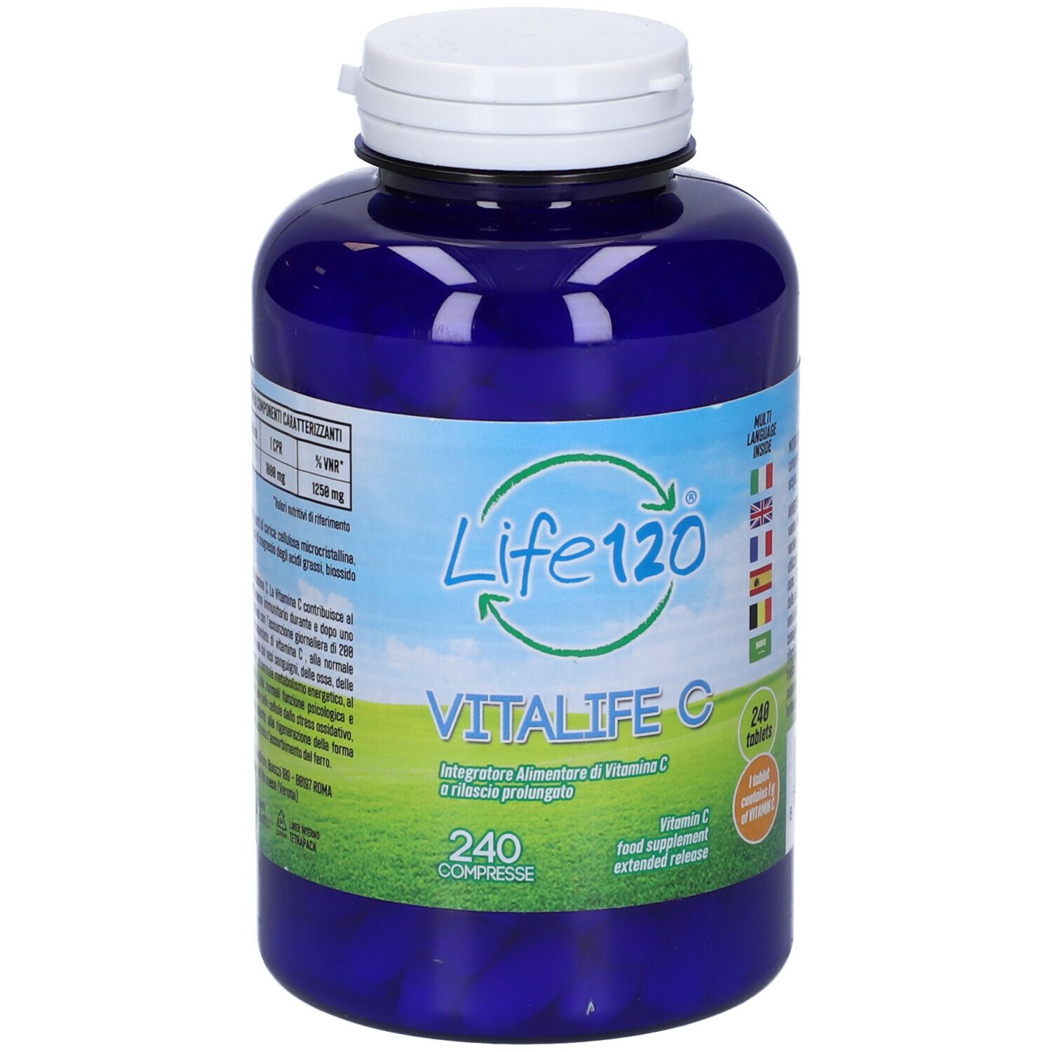 Flacone blu con tappo bianco. Scritta: Life 120 Vitalife C, 240 compresse. Indicazioni multilingue.