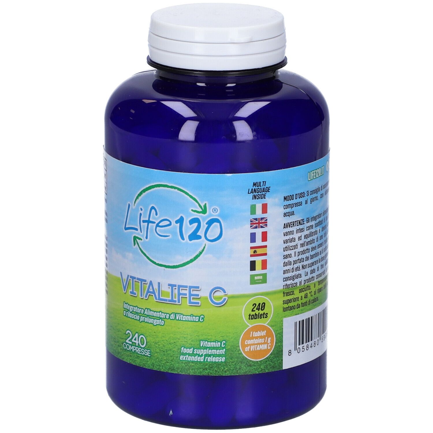 Flacone blu con tappo bianco. Scritta: Life 120 Vitalife C, 240 compresse. Indicazioni multilingue.