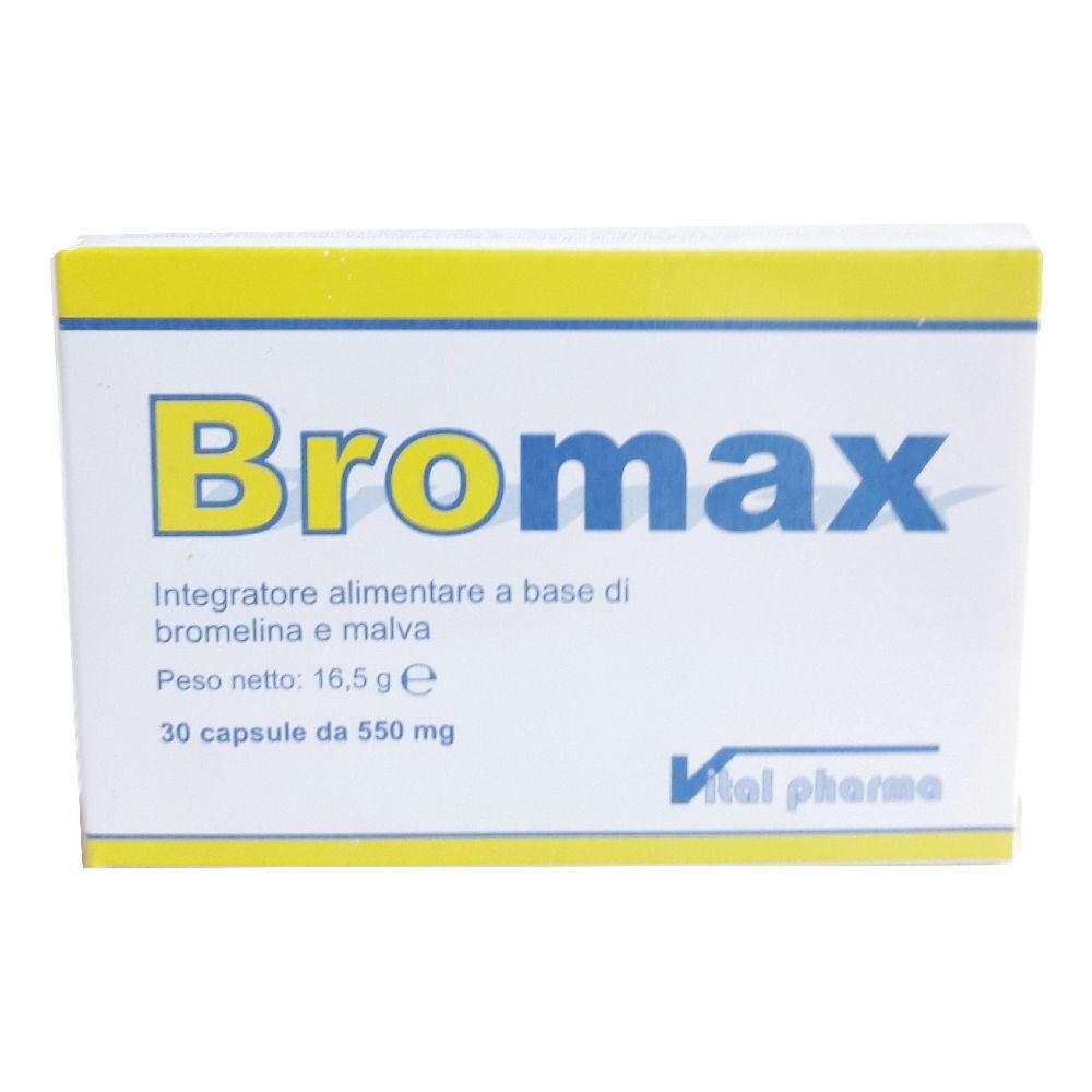 Scatola con fascia gialla. Scritta "Bromax". Testo sottostante: Integratore alimentare a base di bromelina e malva. 30 capsule. Marchio: Vital pharma.