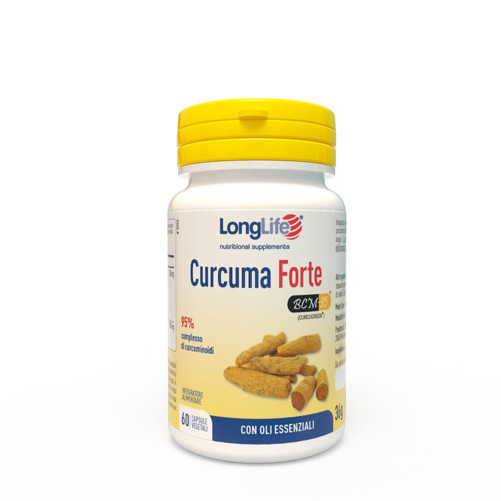 Flacone bianco con tappo giallo. Scritta: LongLife Curcuma Forte. Immagine di radici di curcuma.