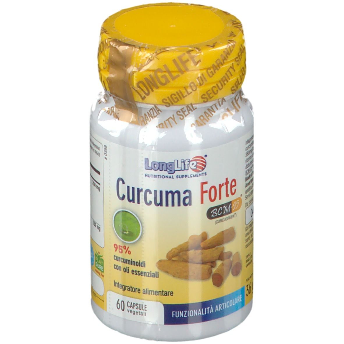 Flacone bianco con tappo giallo e sigillo. Scritta: LongLife Curcuma Forte. 60 capsule.