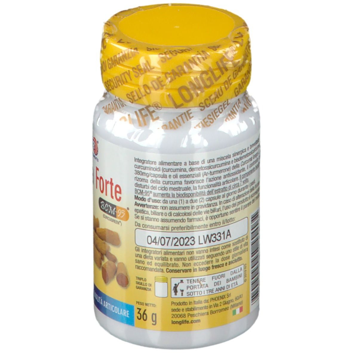 Retro del flacone con tappo giallo. Informazioni testuali e data di scadenza. Peso: 36 g.