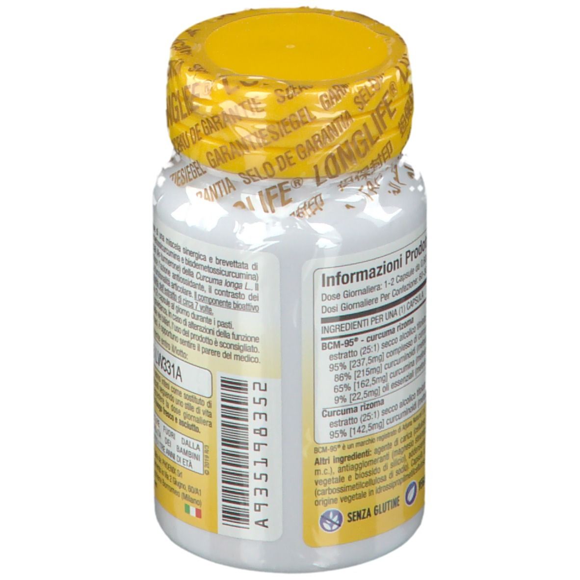 Retro del flacone con tappo giallo. Informazioni testuali, inclusi ingredienti e dosaggio.