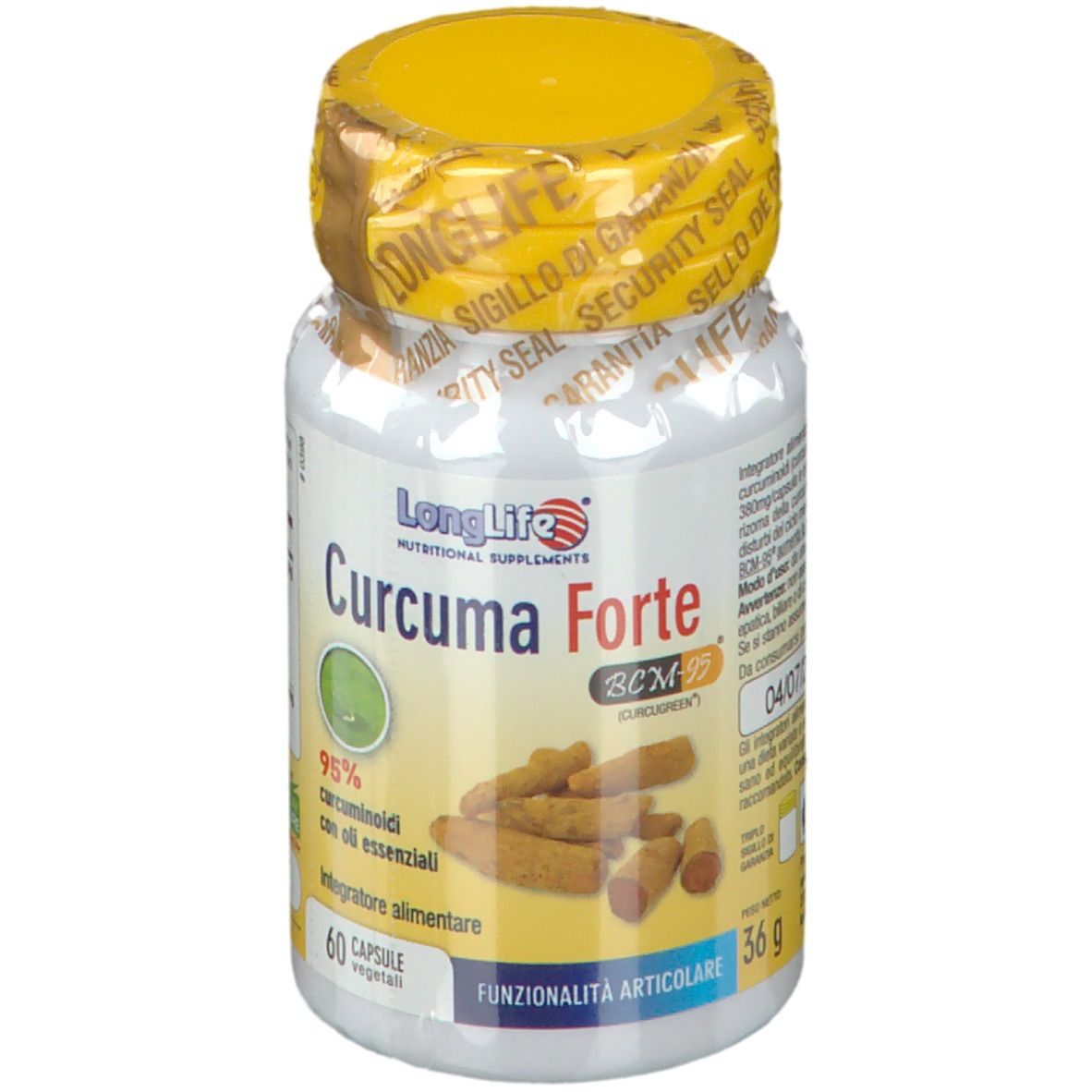 Flacone con tappo giallo e sigillo. Scritta: LongLife Curcuma Forte. 60 capsule.