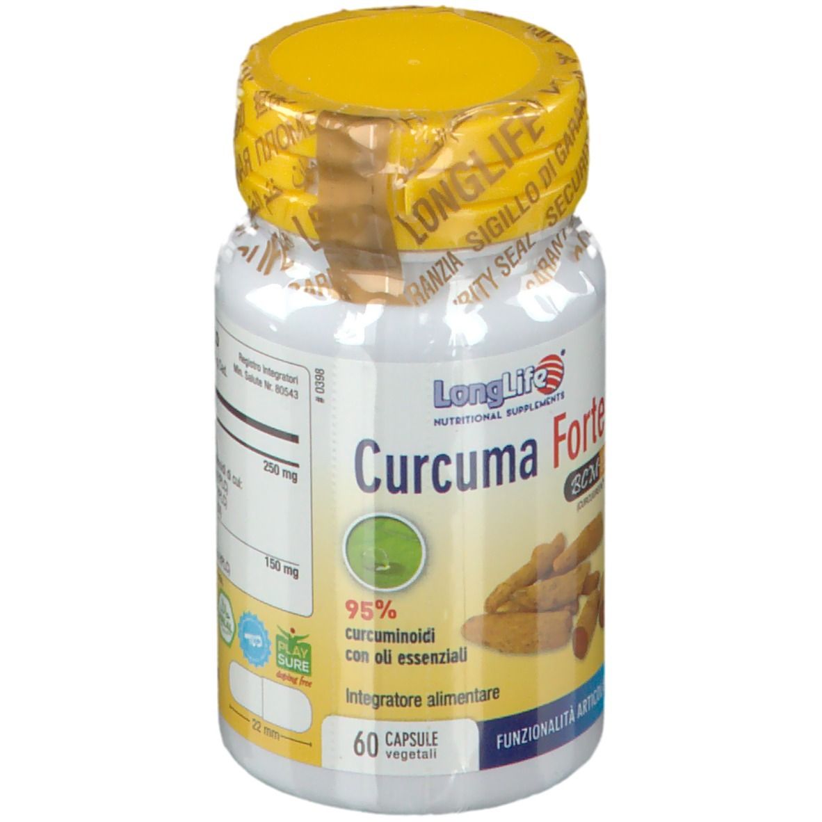 Flacone con tappo giallo. Scritta: LongLife Curcuma Forte. 60 capsule. 95% curcuminoidi.