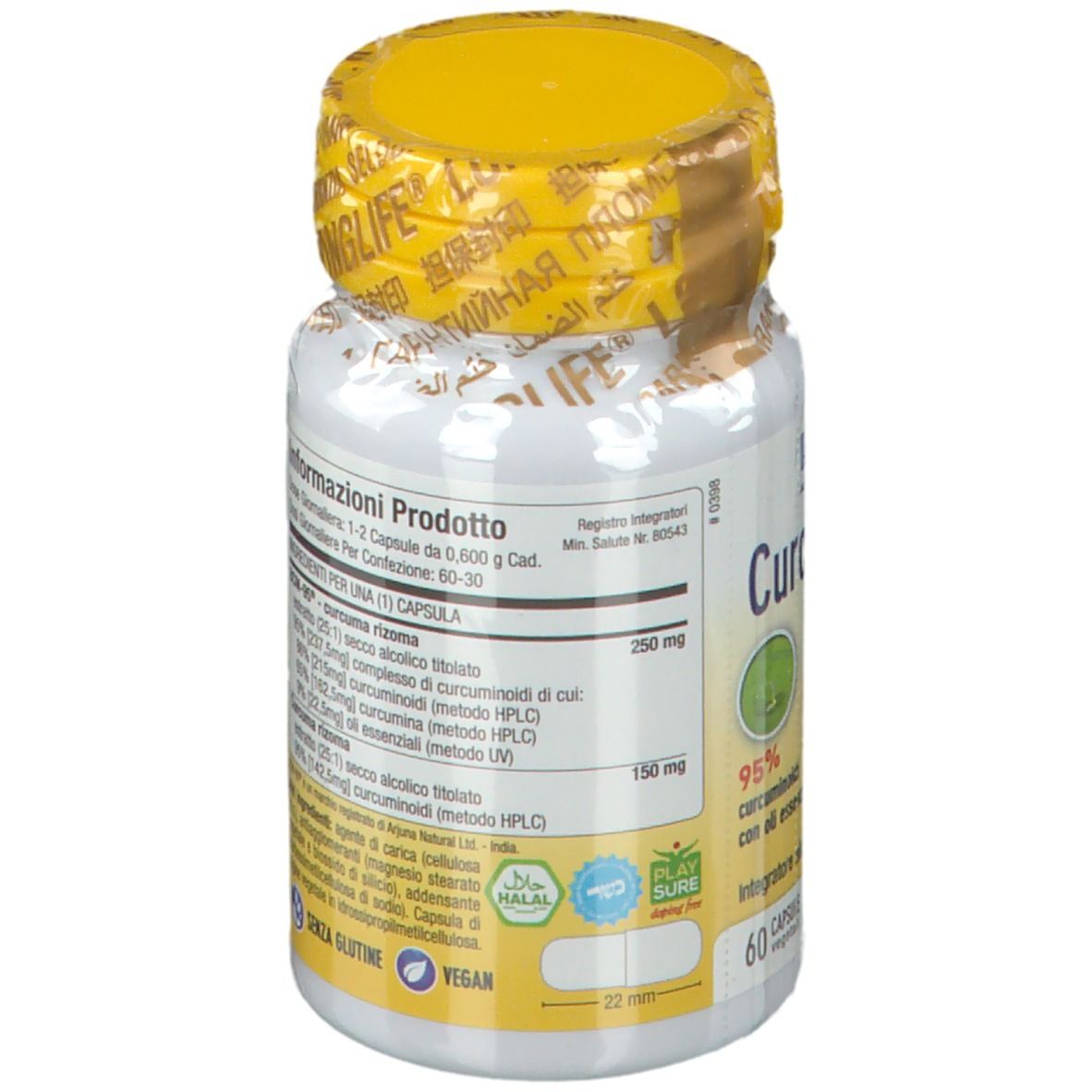 Retro del flacone con tappo giallo. Informazioni testuali, inclusi ingredienti e certificazioni.