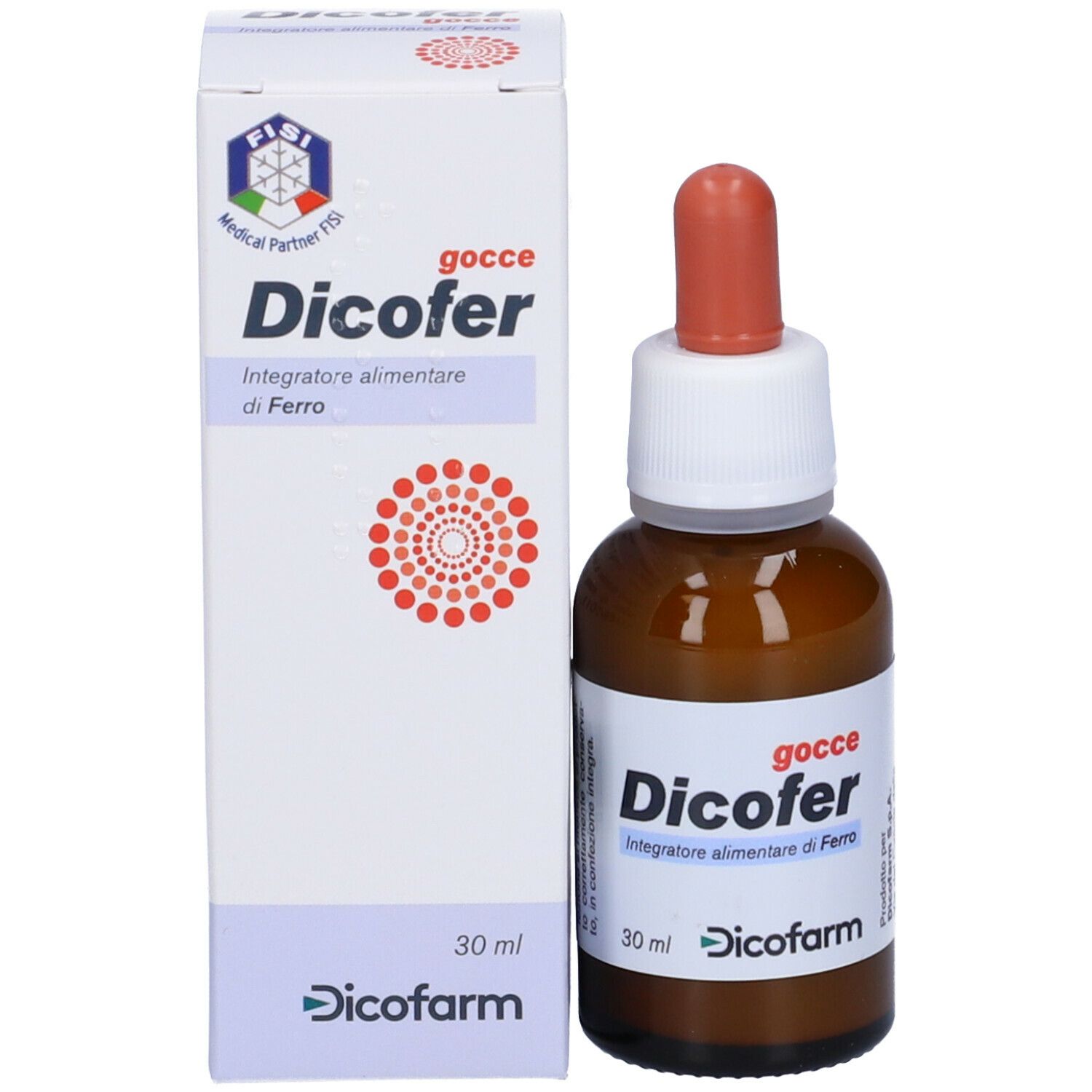 Flacon en verre brun et boîte. Inscription: Dicofer, Integratore alimentare di Ferro. Avec compte-gouttes. Marque: Dicofarm.