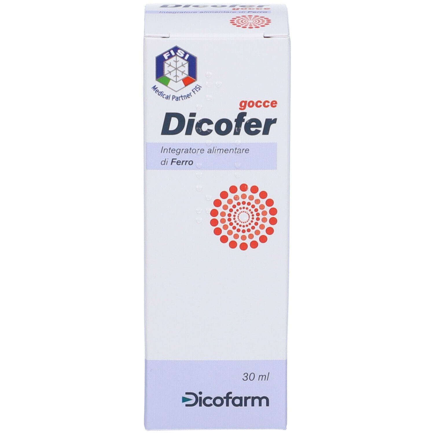 Boîte blanche avec texte bleu et rouge. Inscription: DicoFer, Integratore alimentare di Ferro. Marque: Dicofarm.