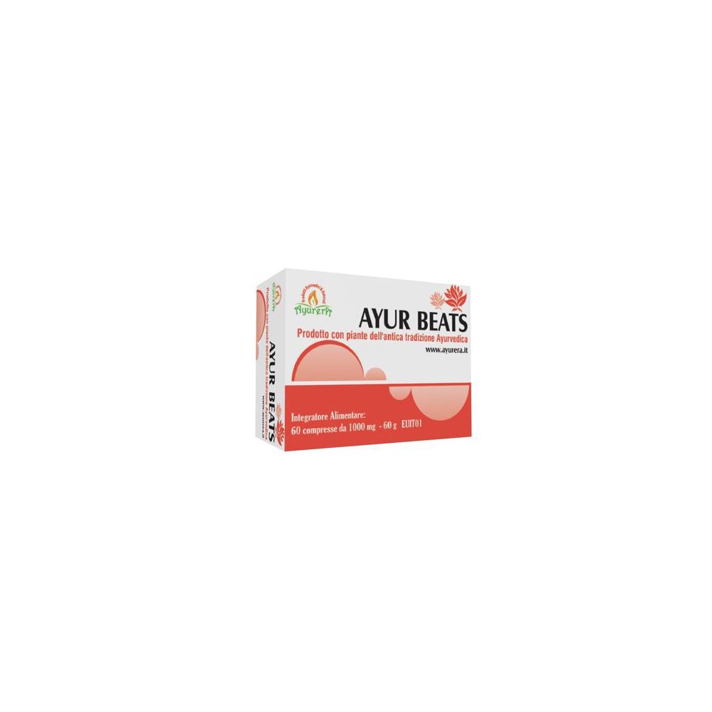 Confezione Ayur Beats. Bianco e rosso. Testo: Ayur Beats, 60 compresse, 1000 mg.