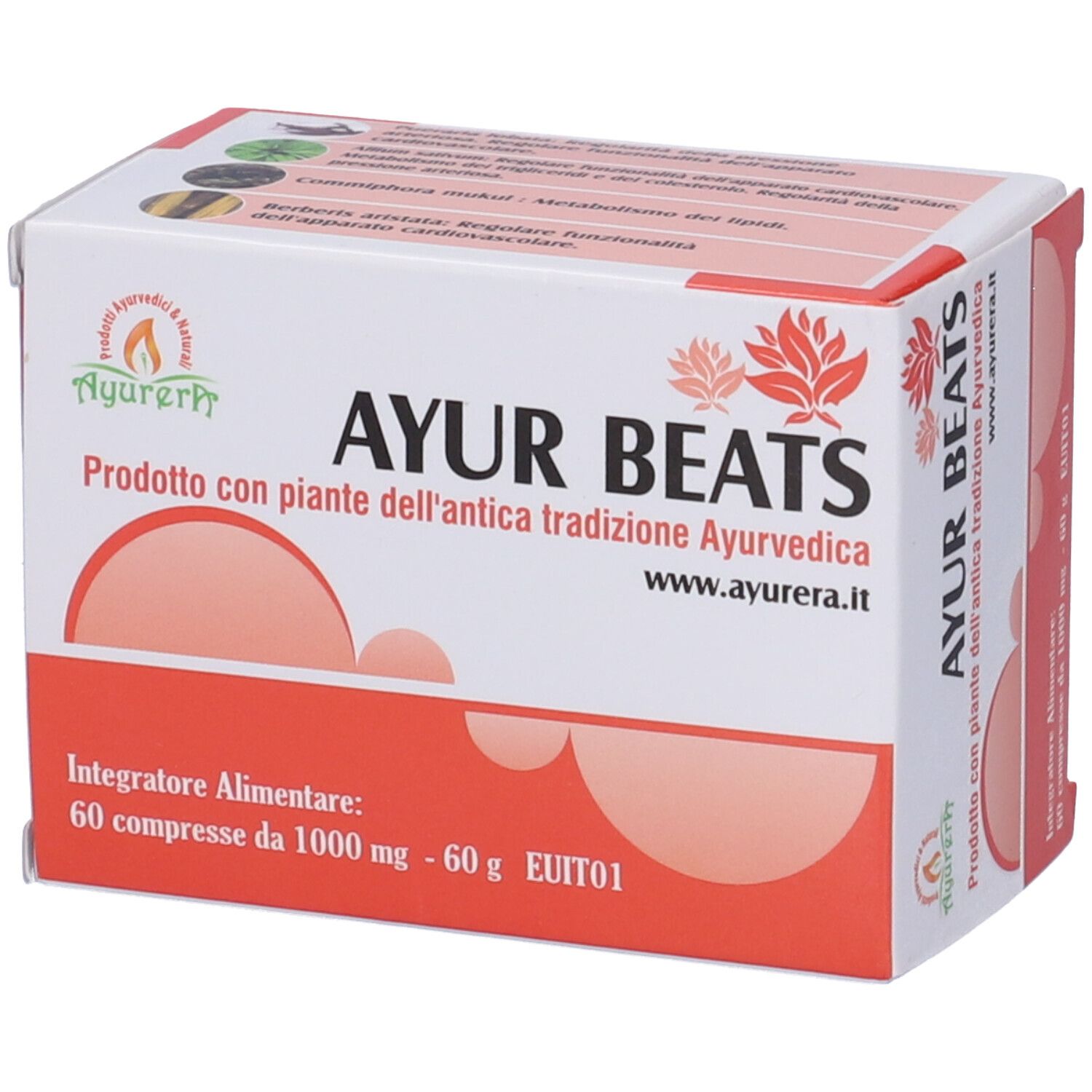 Scatola Ayur Beats. Bianco e rosso. Testo: Ayur Beats, 60 compresse, 1000 mg. Logo Ayurveda.