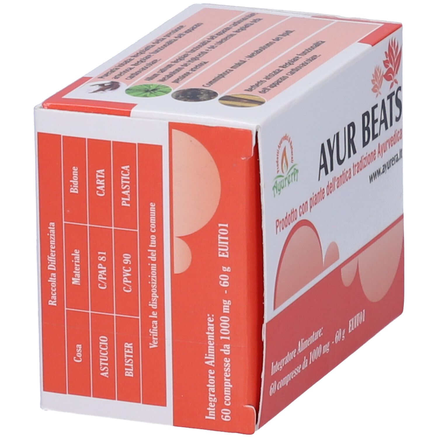 Scatola Ayur Beats. Bianco e rosso. Testo: Ayur Beats, 60 compresse, 1000 mg. Retro.