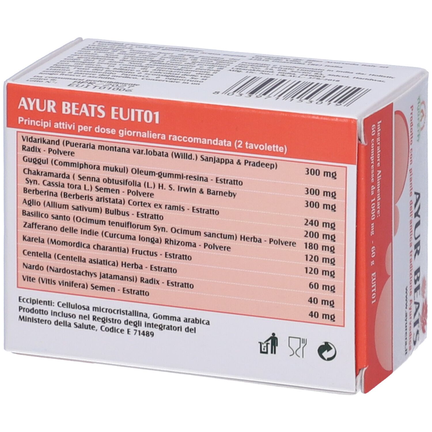 Scatola Ayur Beats. Bianco e rosso. Testo: Ayur Beats, 60 compresse, 1000 mg. Ingredienti.