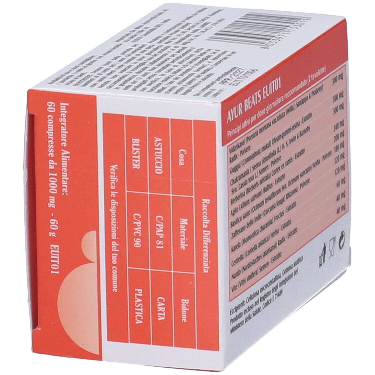 Scatola Ayur Beats. Bianco e rosso. Testo: Ayur Beats, 60 compresse, 1000 mg. Retro.