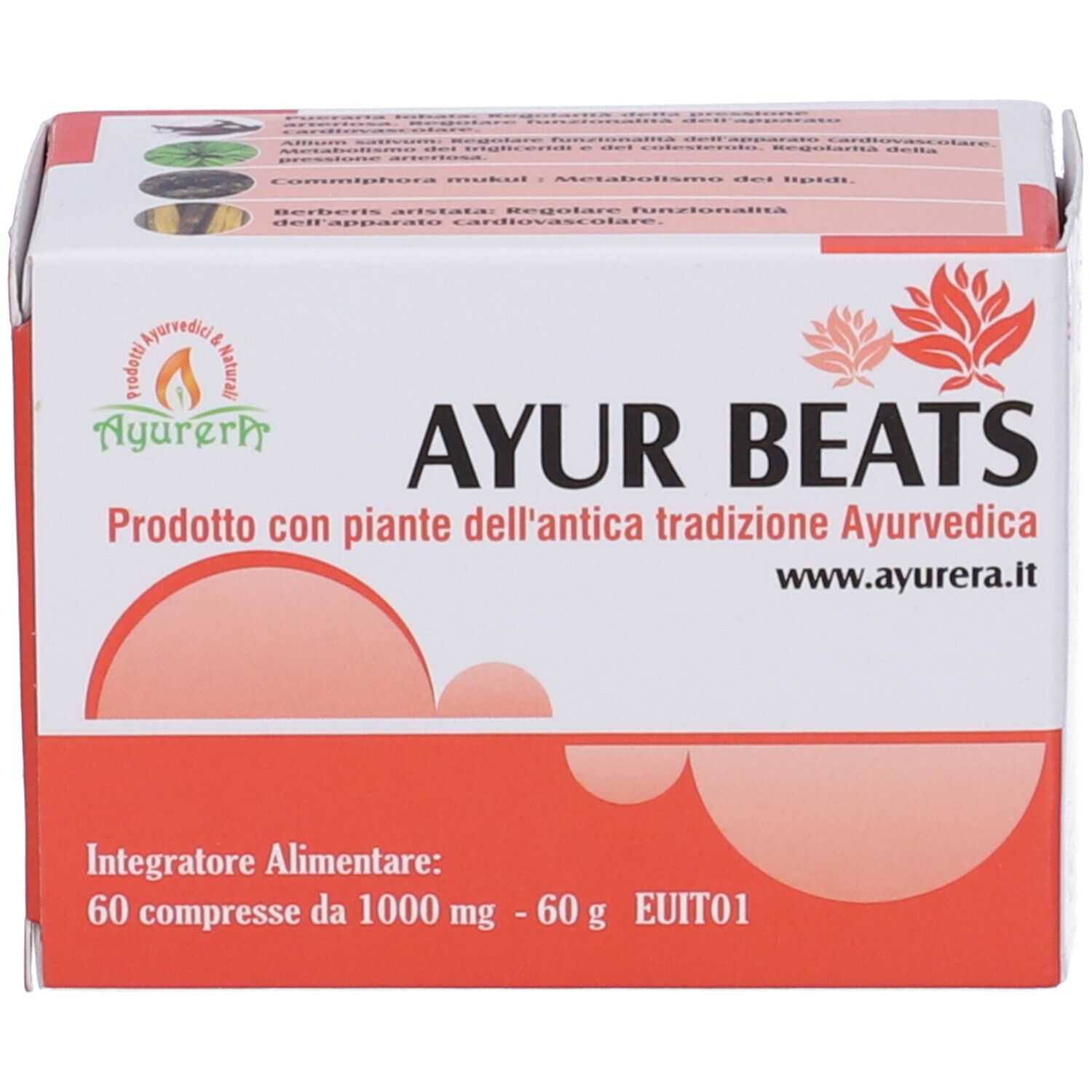 Scatola Ayur Beats. Bianco e rosso. Testo: Ayur Beats, 60 compresse, 1000 mg. Logo Ayurveda.