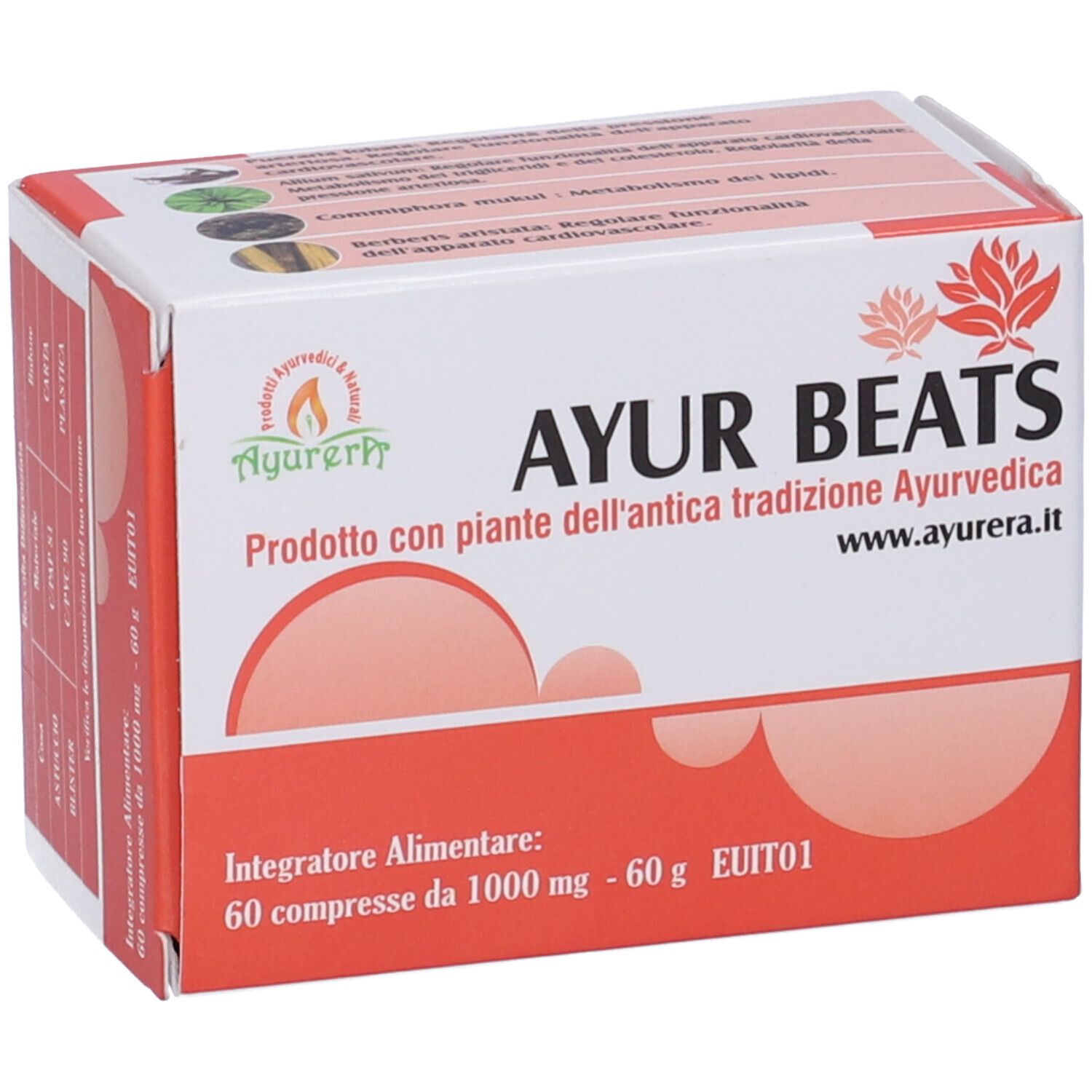 Scatola Ayur Beats. Bianco e rosso. Testo: Ayur Beats, 60 compresse, 1000 mg. Logo Ayurveda.