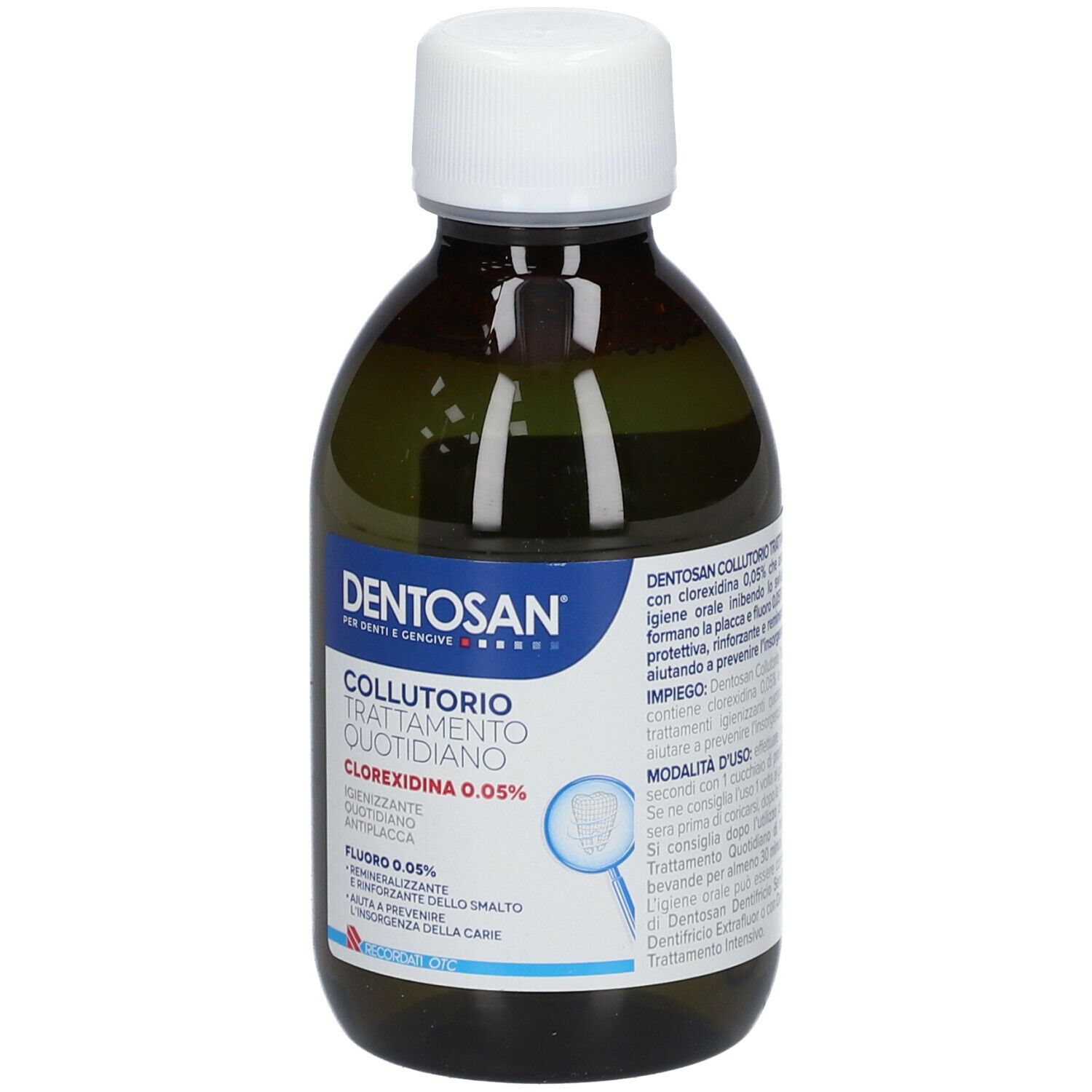 Bottiglia di collutorio DENTOSAN®. Scritto: Collutorio Trattamento Quotidiano, Clorexidina 0,05%. Tappo bianco.