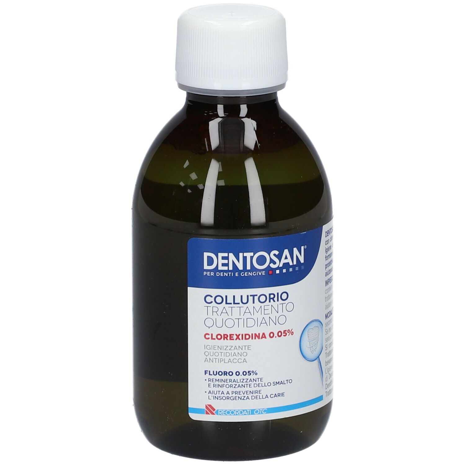 Bottiglia di collutorio DENTOSAN®. Scritto: Collutorio Trattamento Quotidiano, Clorexidina 0,05%. Tappo bianco.
