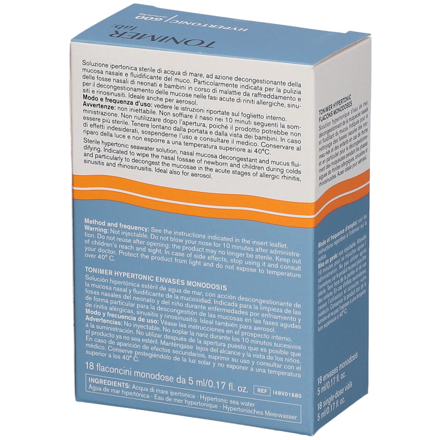 Packung mit 18 Ampullen TONIMER HYPERTONIC 600 zur Nasenpflege.