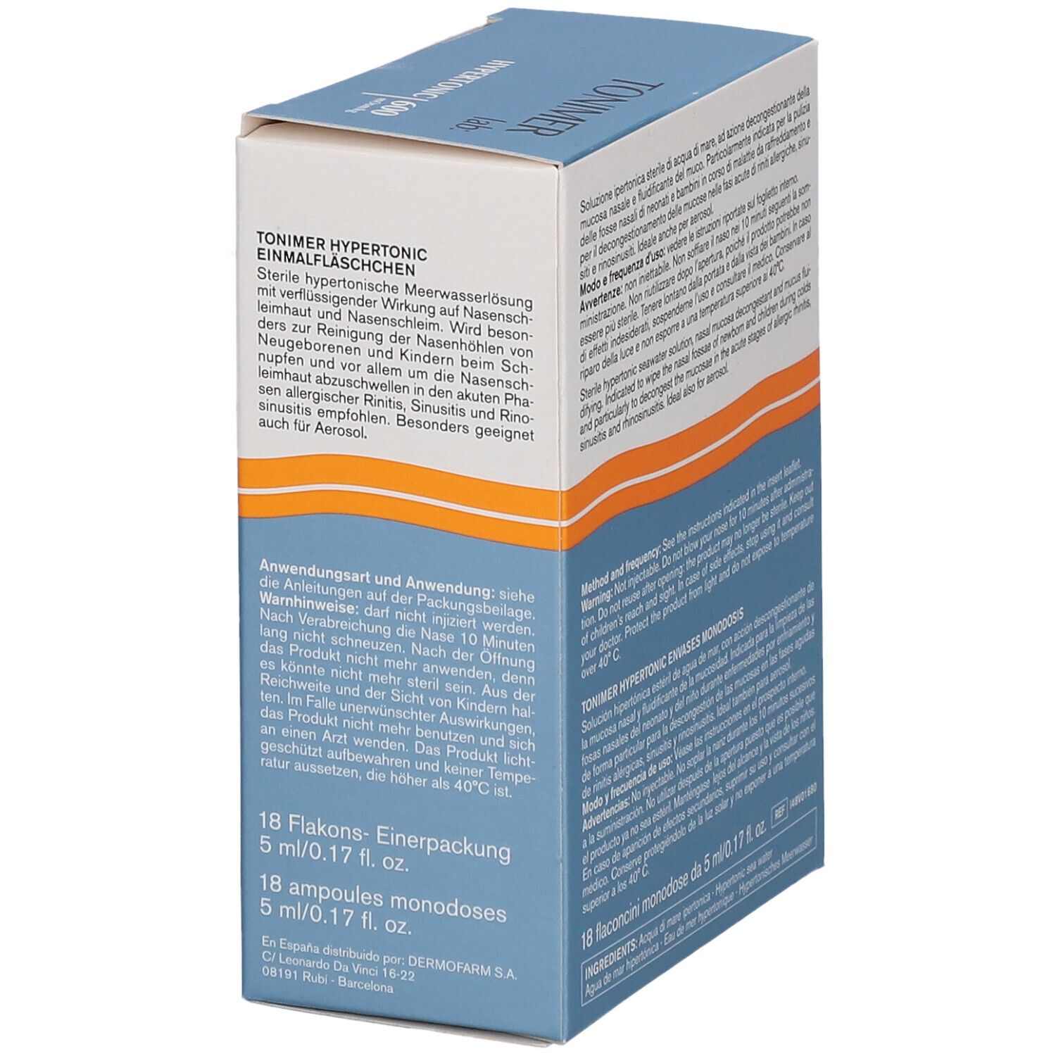 Packung mit 18 Ampullen TONIMER HYPERTONIC 600 zur Nasenpflege.
