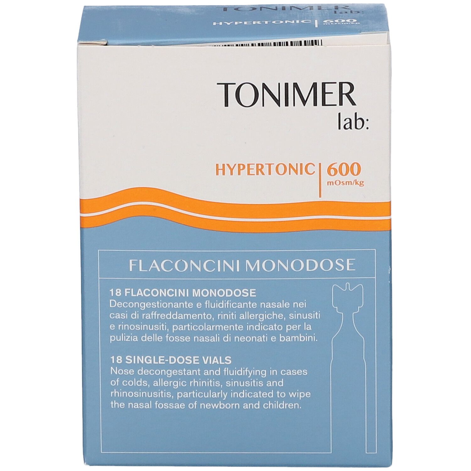 Packung mit 18 Ampullen TONIMER HYPERTONIC 600 zur Nasenpflege.
