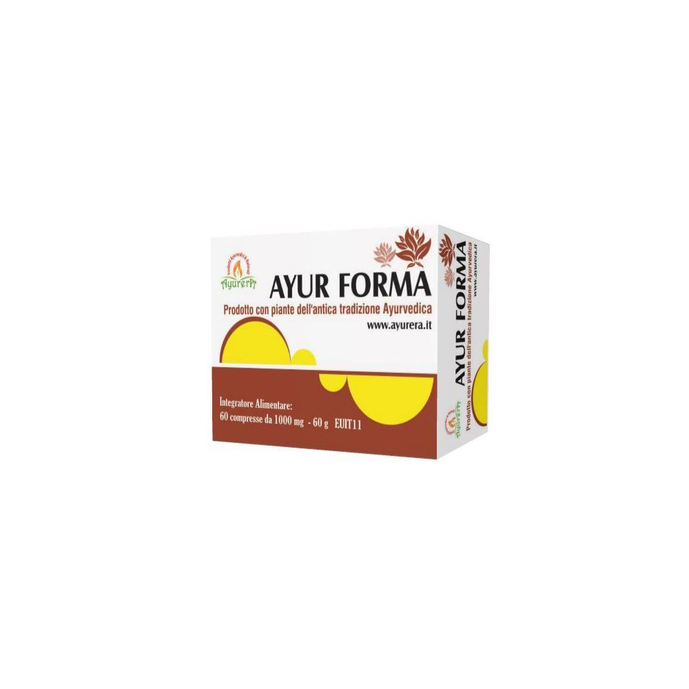 Scatola con scritta AYUR FORMA. Contiene 60 compresse. Prodotto con piante della tradizione ayurvedica.