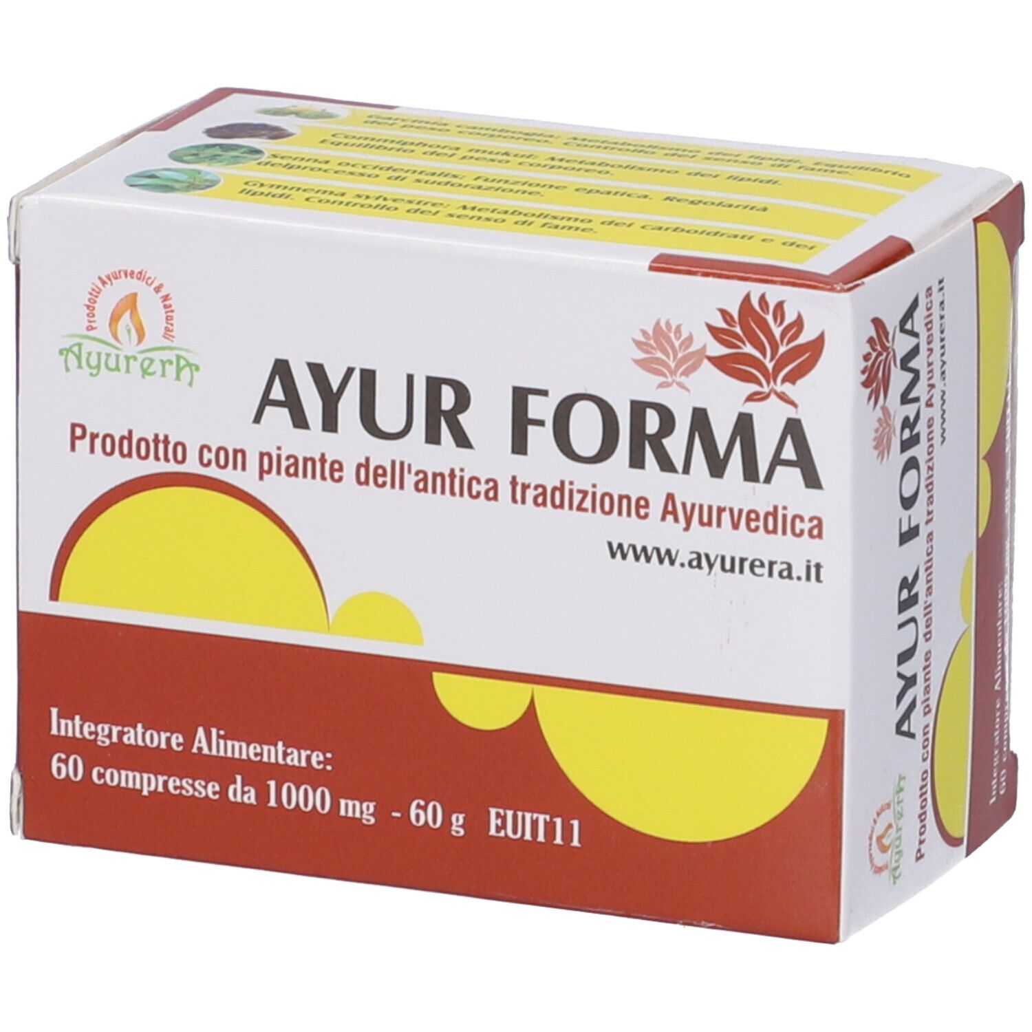 Confezione del prodotto con scritta AYUR FORMA. Contiene 60 compresse. Vista obliqua.