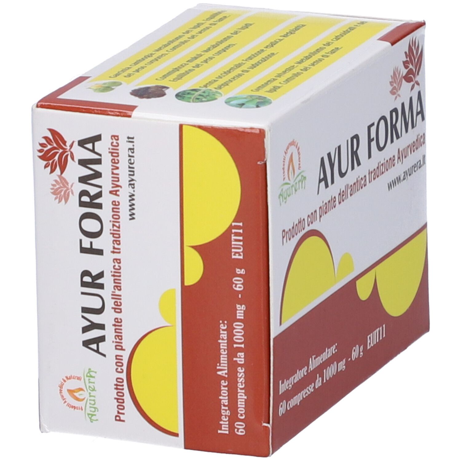Confezione del prodotto con scritta AYUR FORMA. Contiene 60 compresse. Vista obliqua.