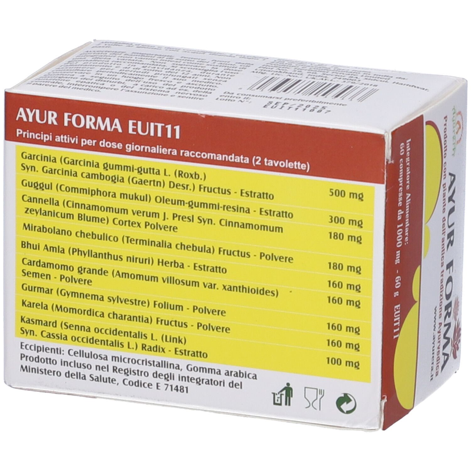 Confezione del prodotto con informazioni. Scritta AYUR FORMA. Contiene 60 compresse. Ingredienti e dosaggio.
